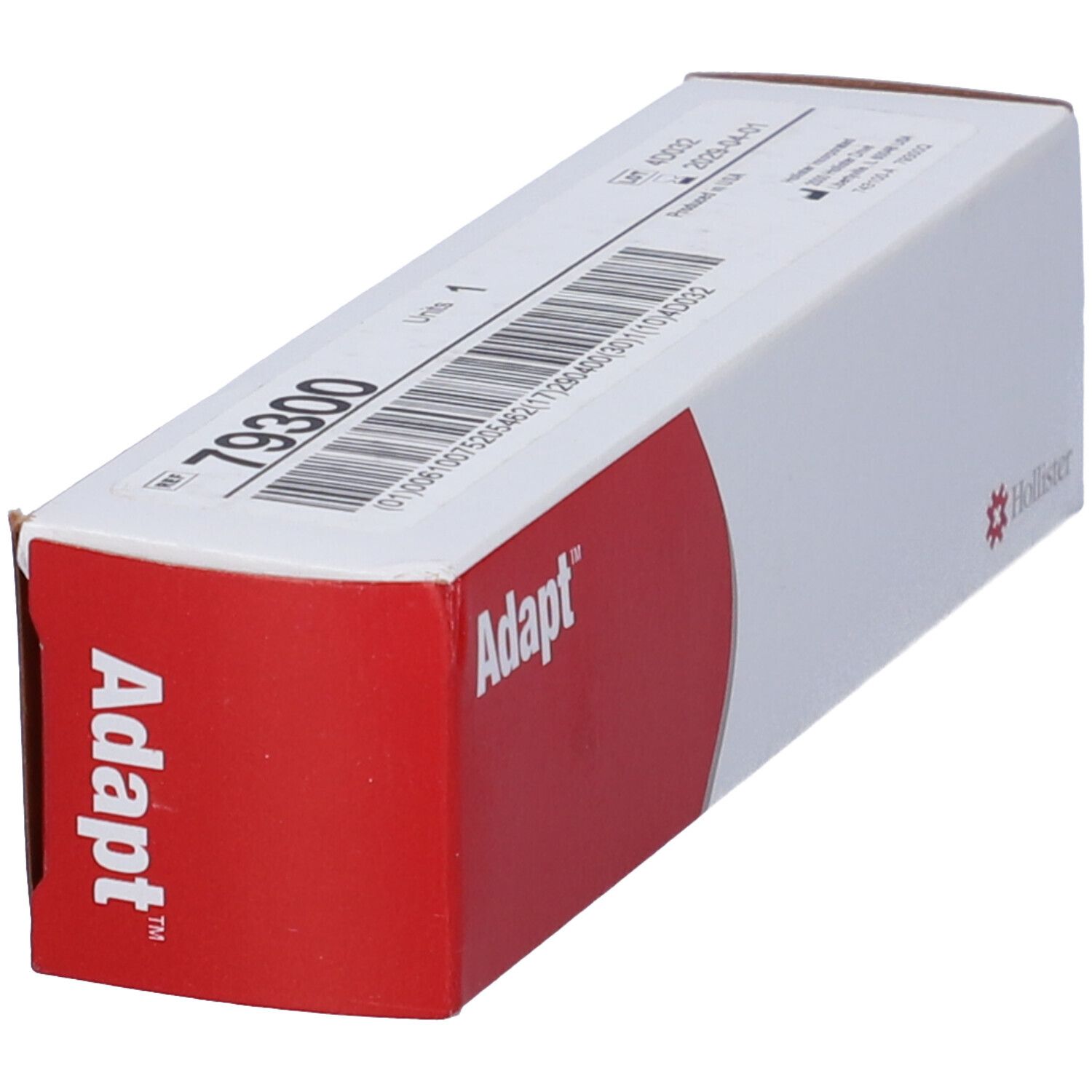 Adapt-Verpackung, weiß mit rotem Akzent. Adapt-Logo und Hollister-Logo. Produktcode 79300.