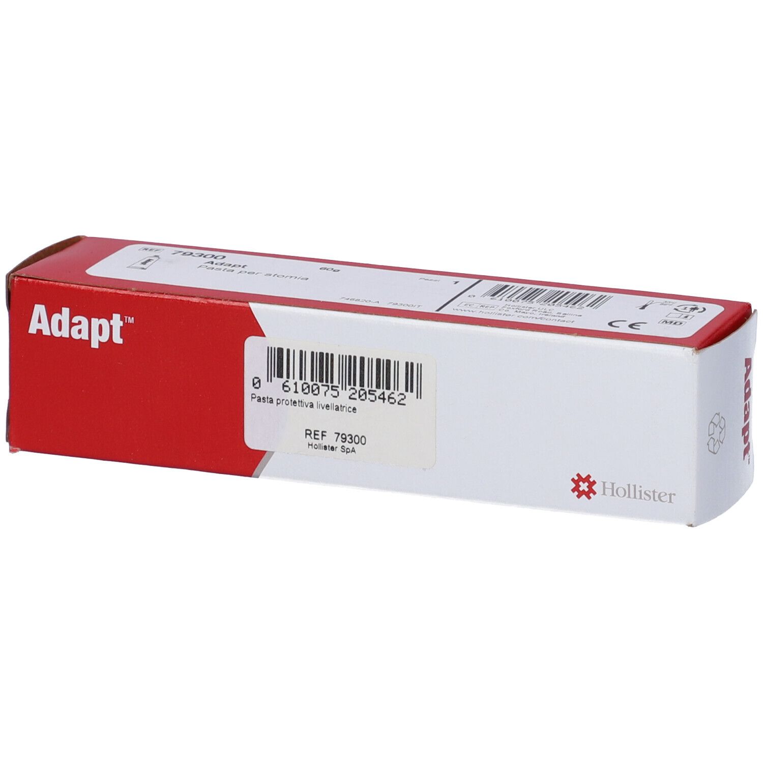 Adapt-Verpackung, weiß mit rotem Akzent. Adapt-Logo und Hollister-Logo. Produktcode 79300. Text: Pasta protettiva ileostomia.