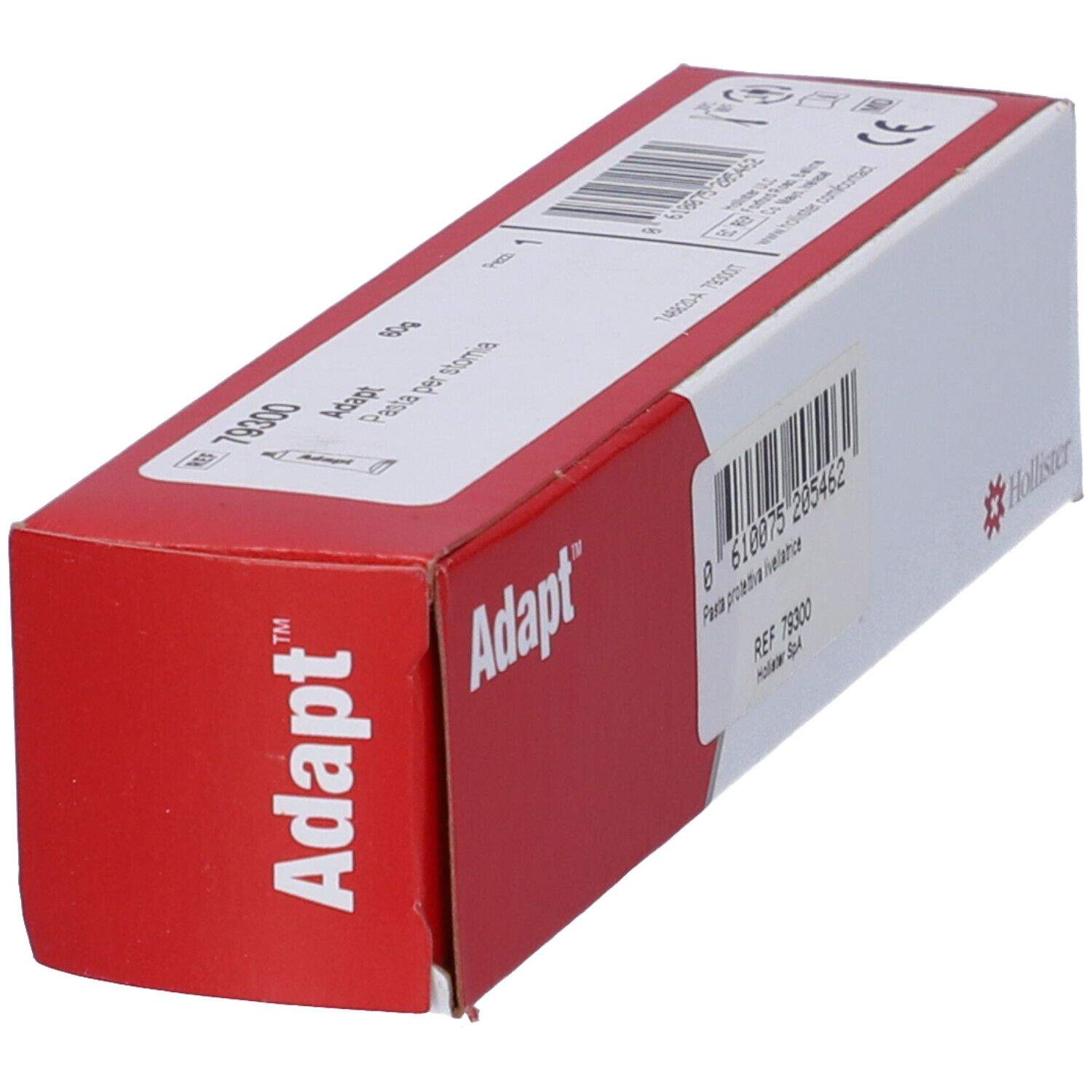 Adapt-Verpackung, weiß mit rotem Akzent. Adapt-Logo und Hollister-Logo. Produktcode 79300. Text: Pasta protettiva ileostomia.