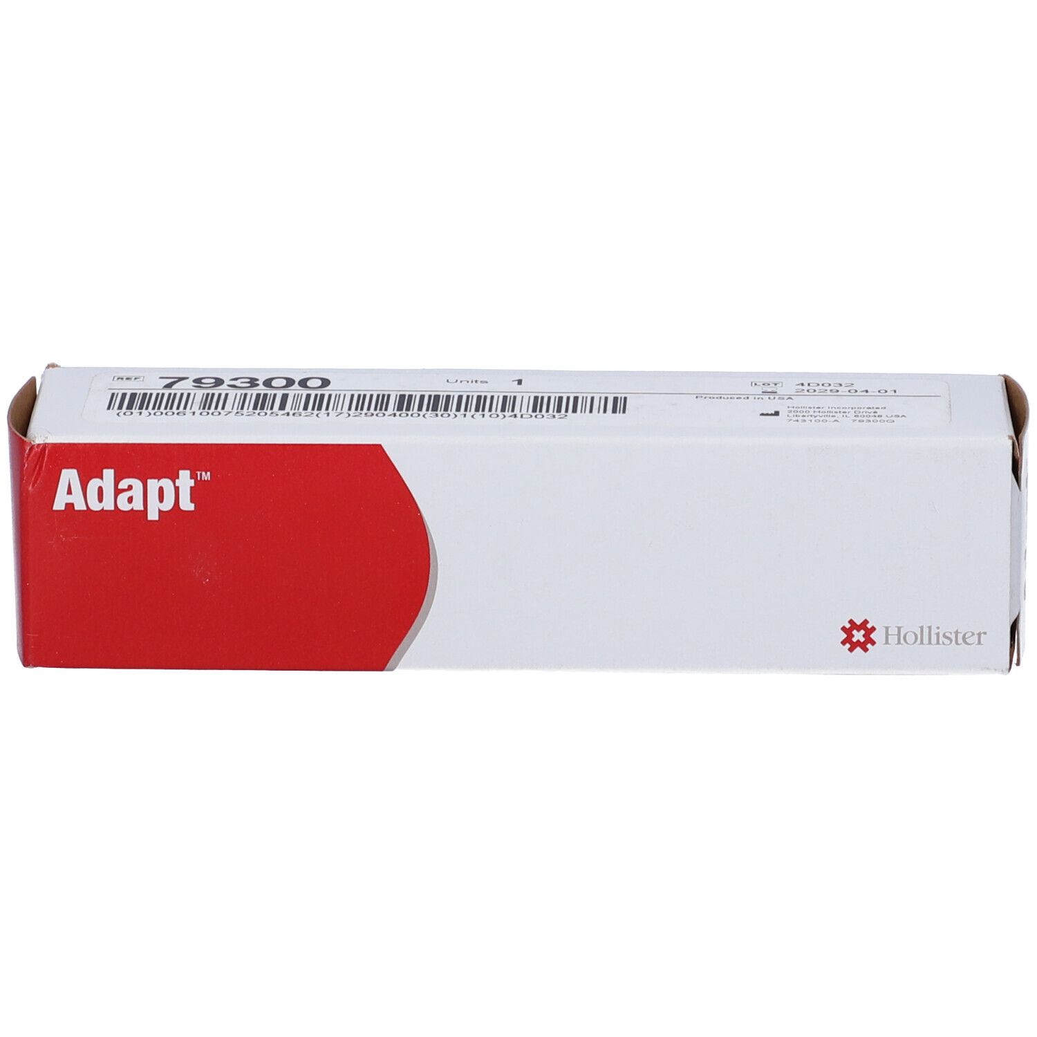 Adapt-Verpackung, weiß mit rotem Akzent. Adapt-Logo und Hollister-Logo. Produktcode 79300.