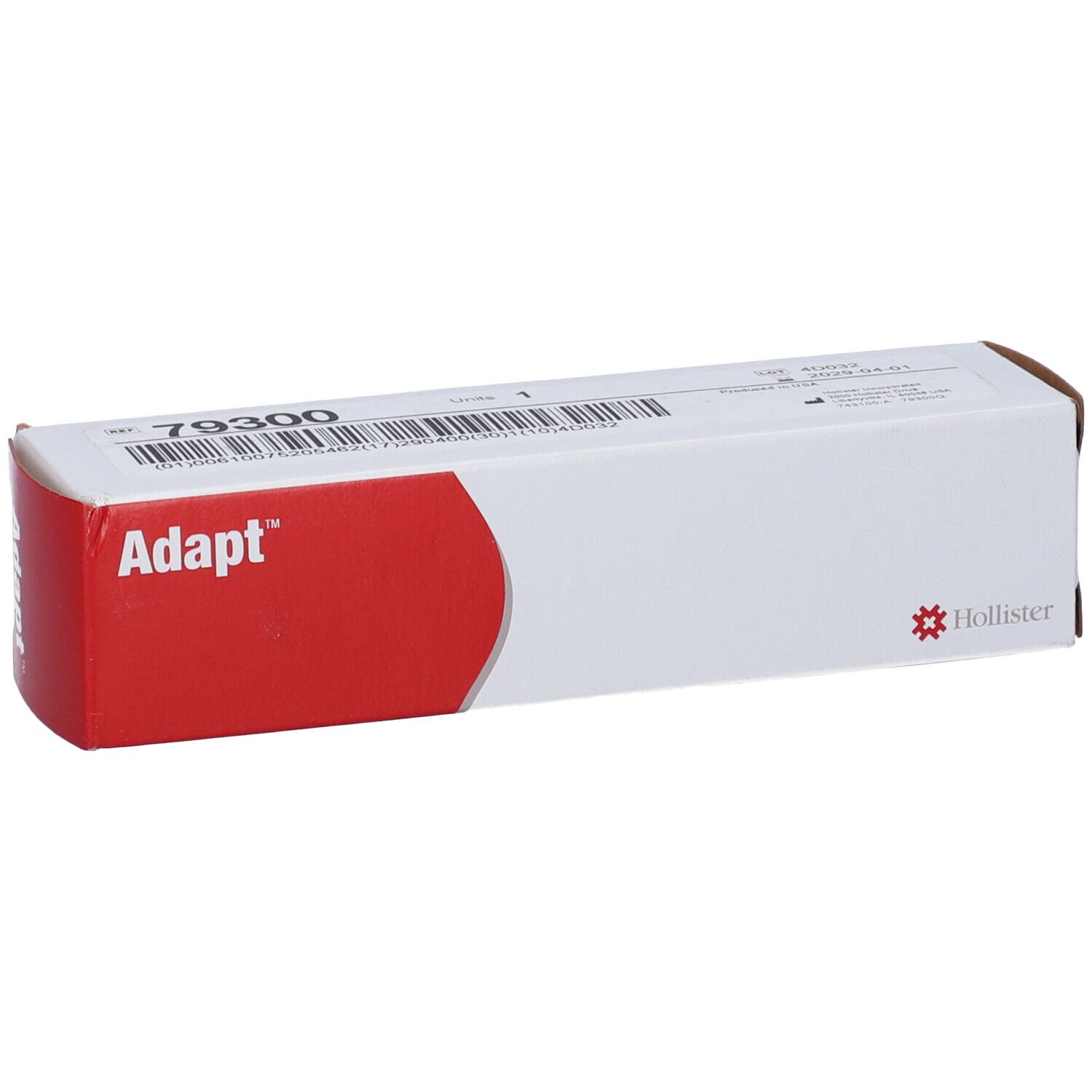 Adapt-Verpackung, weiß mit rotem Akzent. Adapt-Logo und Hollister-Logo. Produktcode 79300.