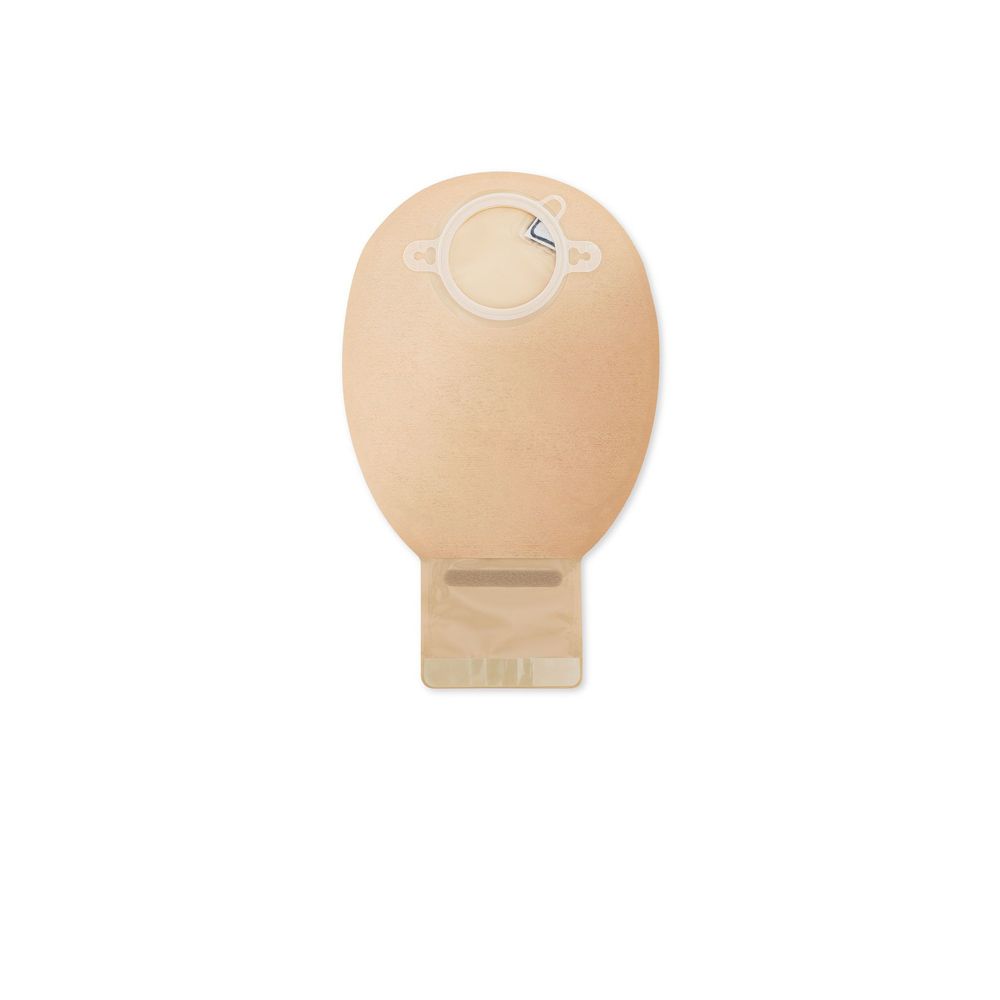 Sacchetto beige con anello bianco e chiusura. Uscita rettangolare trasparente sul fondo.