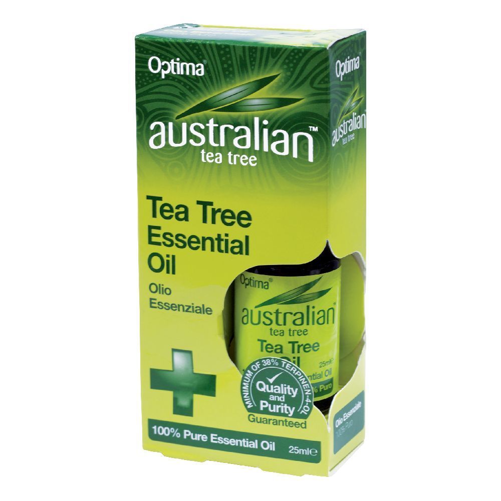 Optima Australian Tea Tree. Flacone in confezione. Confezione verde-gialla con nome e logo del prodotto. 25ml.