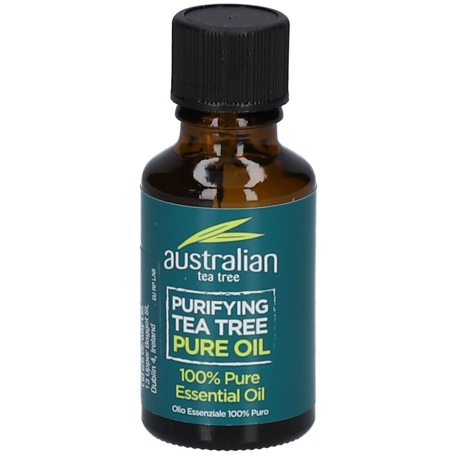 Flacone in vetro marrone, tappo nero. Etichetta con nome e informazioni del prodotto. 100% olio essenziale puro.