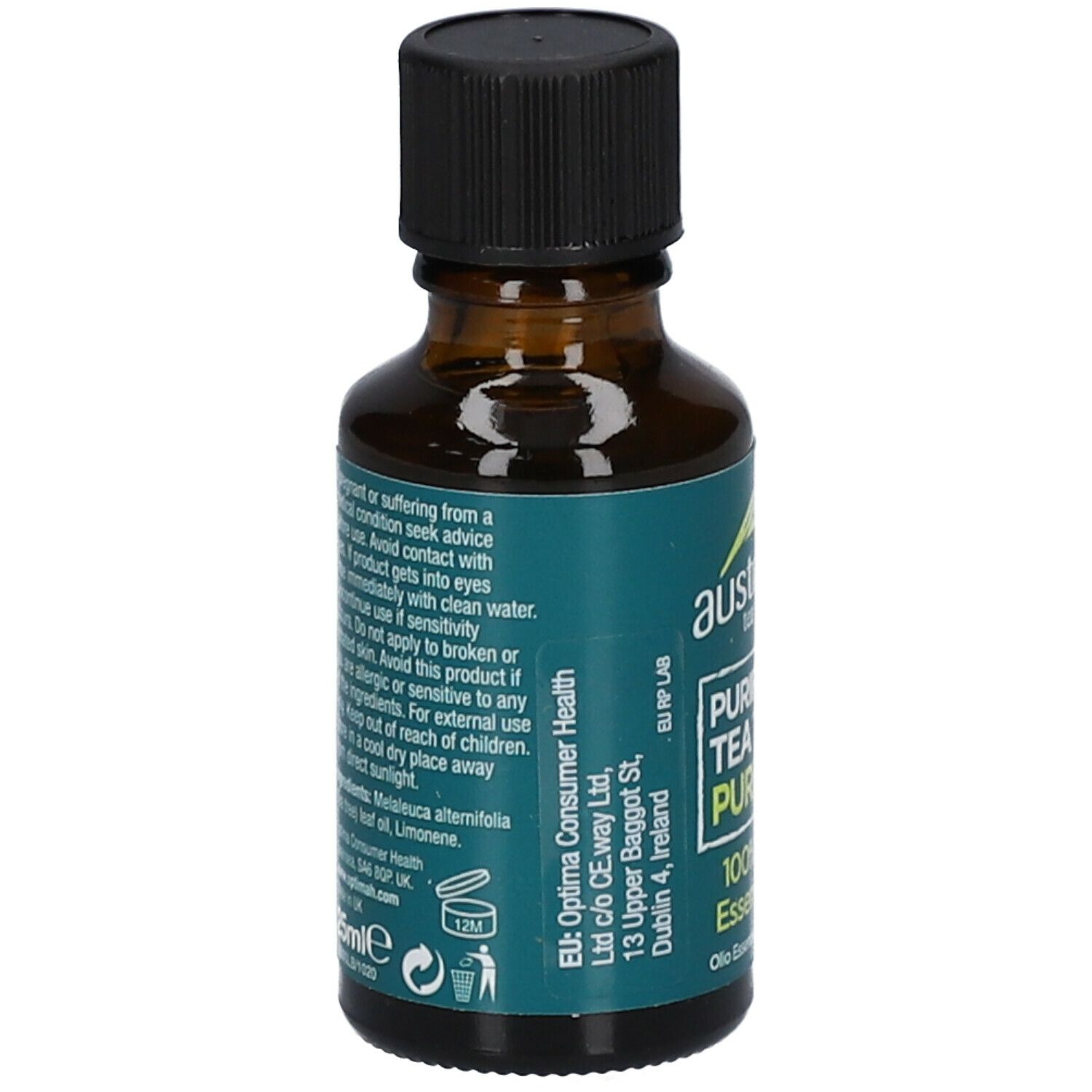 Flacone in vetro marrone, tappo nero. Etichetta con informazioni prodotto. 100% olio essenziale puro. 25ml.