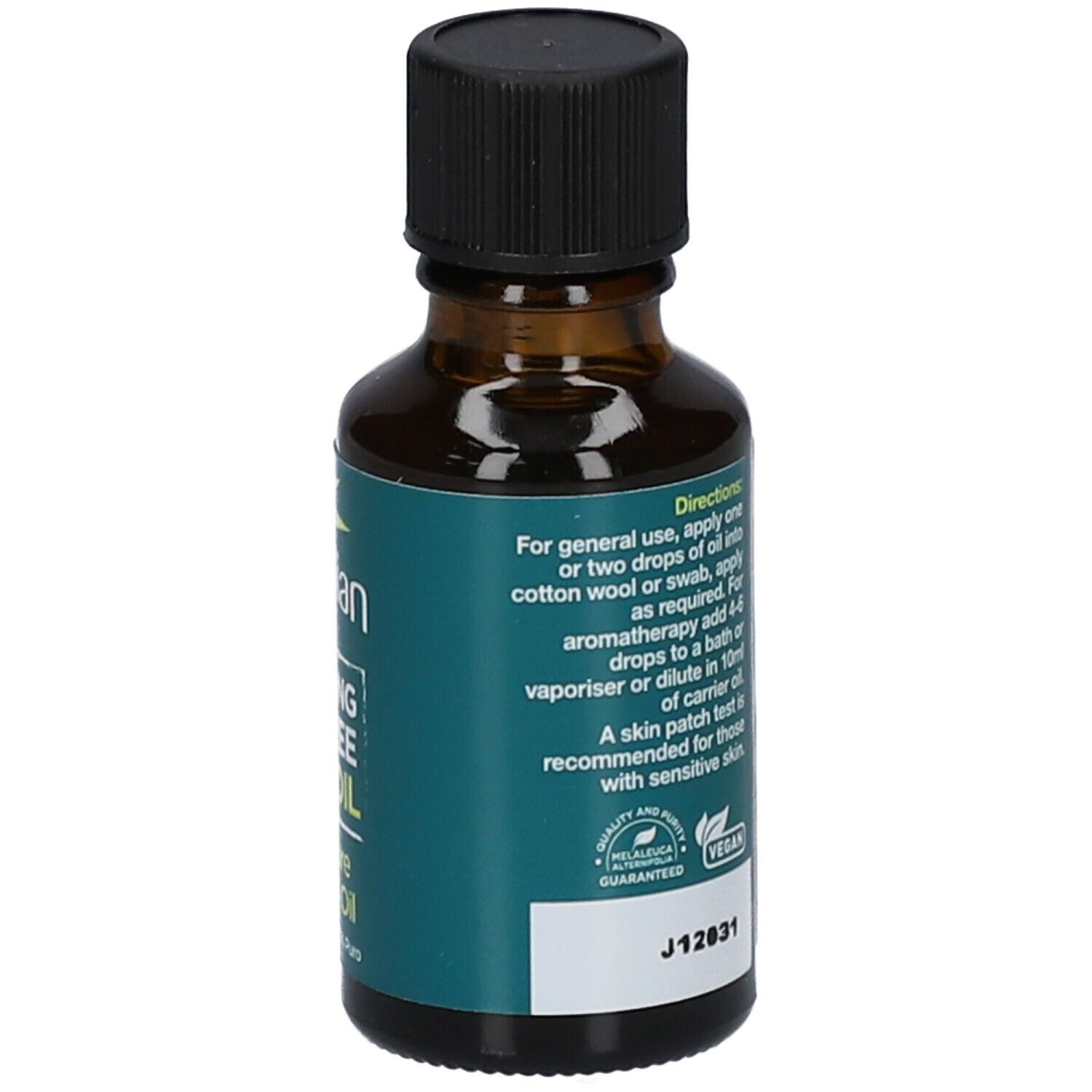 Flacone in vetro marrone, tappo nero. Retro con istruzioni e ingredienti. Sigillo vegano.
