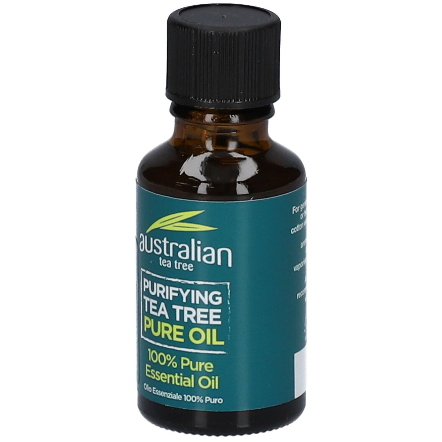 Flacone in vetro marrone, tappo nero. Etichetta con nome e informazioni del prodotto. 100% olio essenziale puro.