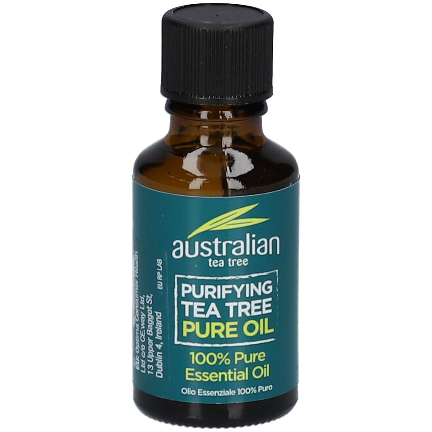 Flacone in vetro marrone, tappo nero. Etichetta con nome e informazioni del prodotto. 100% olio essenziale puro.