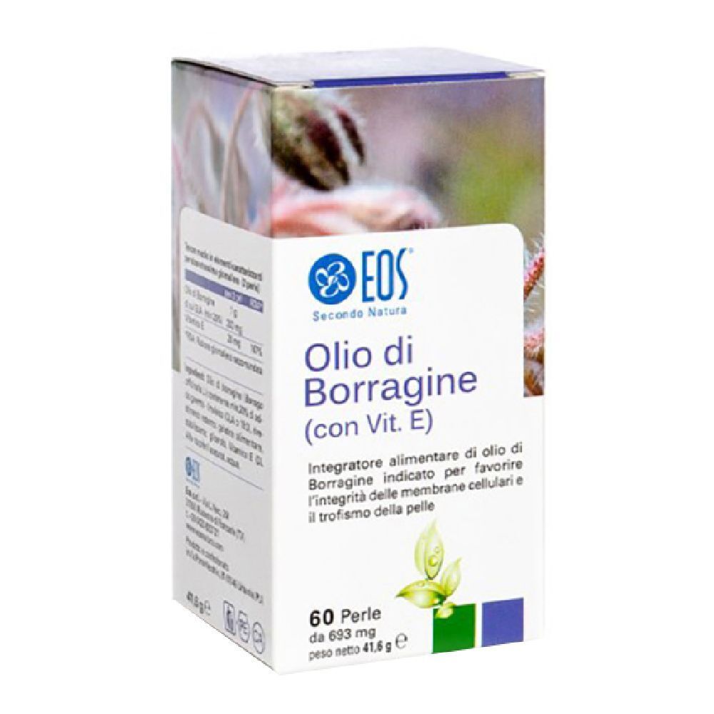 Scatola con stampa del prodotto. Scritta: EOS Olio di Borragine (con Vit. E), 60 perle.