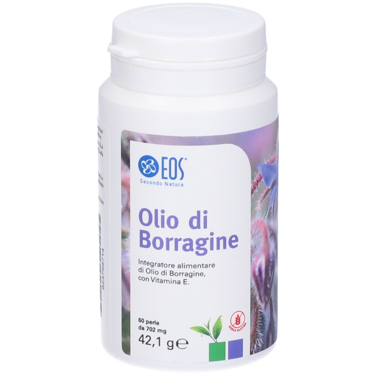 Flacone bianco con stampa del prodotto. Scritta: EOS Olio di Borragine (con Vit. E), 60 perle.