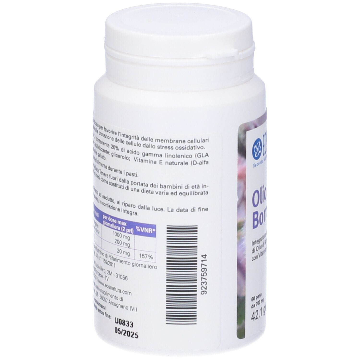 Flacone bianco, retro con informazioni sul prodotto. Scritta: EOS Olio di Borragine, ingredienti, informazioni nutrizionali.