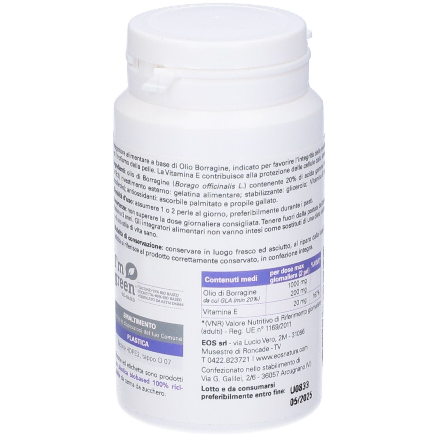 Flacone bianco, vista dettagliata. Scritta: EOS Olio di Borragine, ingredienti, informazioni nutrizionali, data di scadenza.