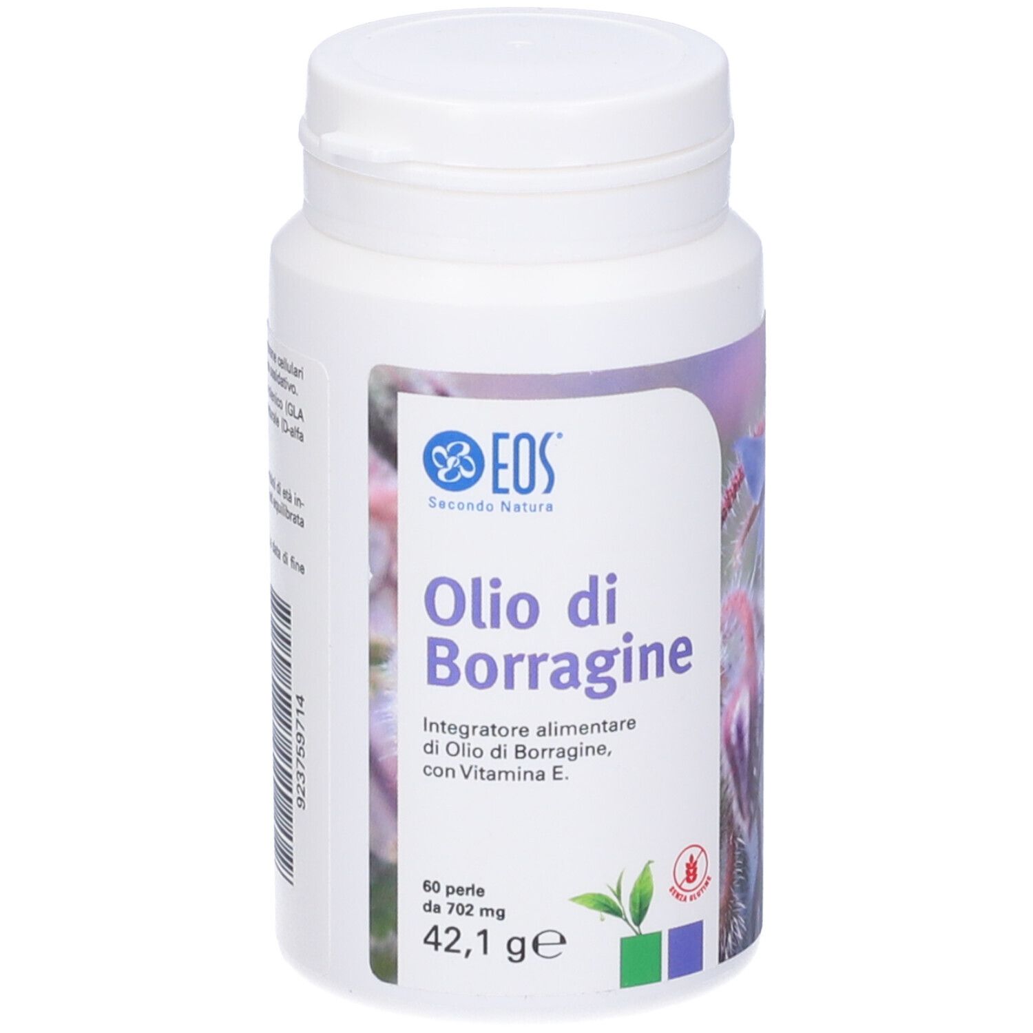 Flacone bianco con stampa del prodotto. Scritta: EOS Olio di Borragine (con Vit. E), 60 perle.