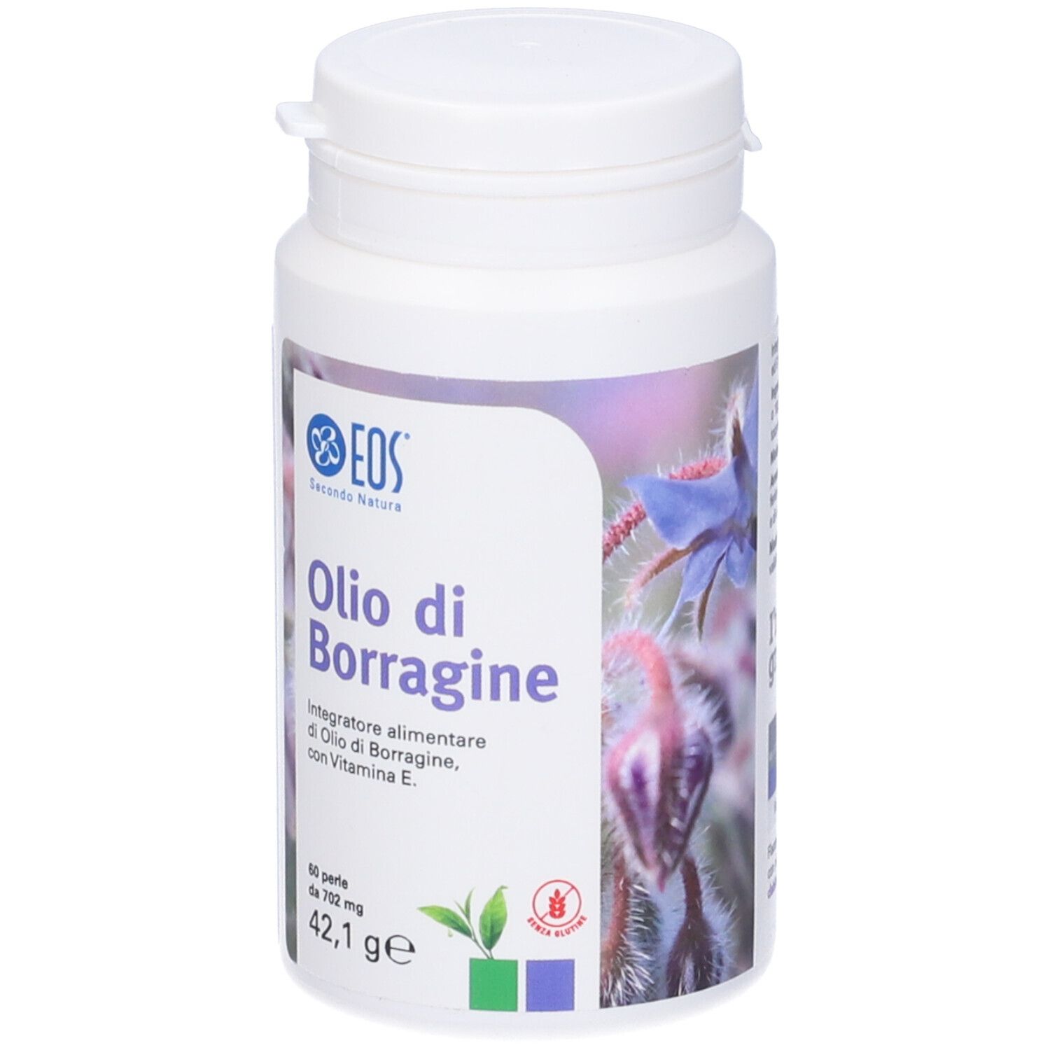 Flacone bianco con stampa del prodotto. Scritta: EOS Olio di Borragine (con Vit. E), 60 perle.