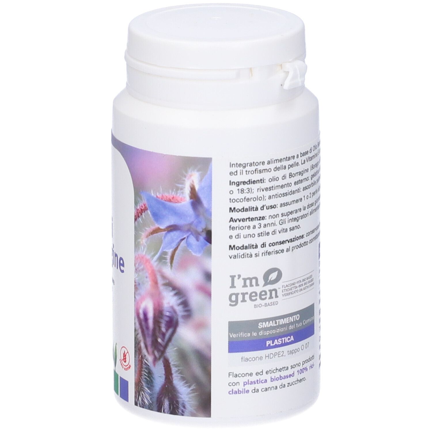 Flacone bianco, vista dettagliata. Scritta: EOS Olio di Borragine, ingredienti, informazioni sulla sostenibilità.