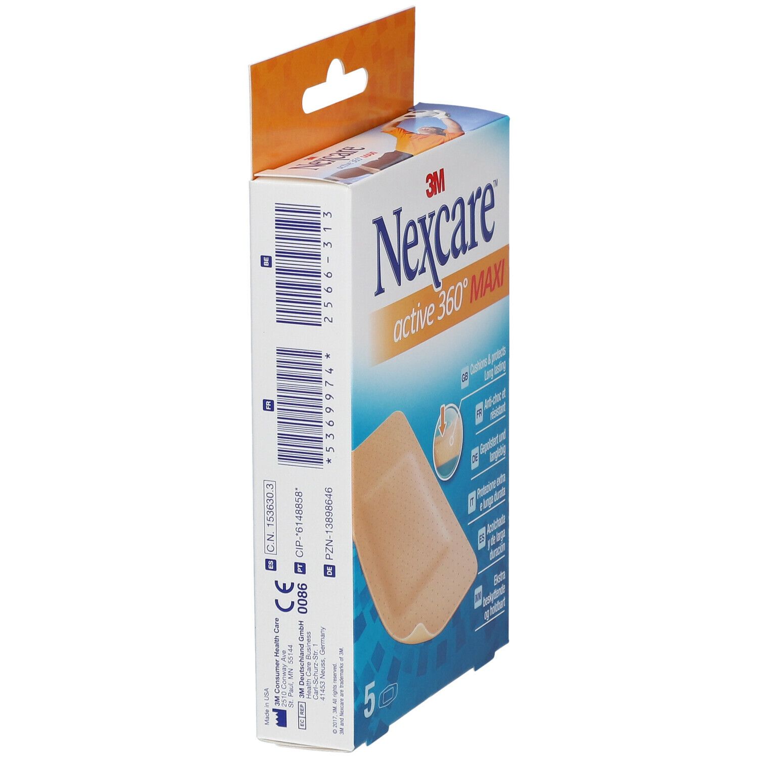 Confezione 3M Nexcare Active 360° MAXI. Lato con immagine e informazioni. Contiene 5 cerotti.