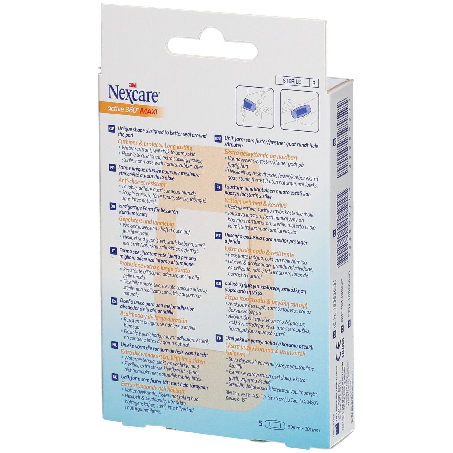 Retro della confezione 3M Nexcare Active 360° MAXI. Informazioni e illustrazioni del prodotto.