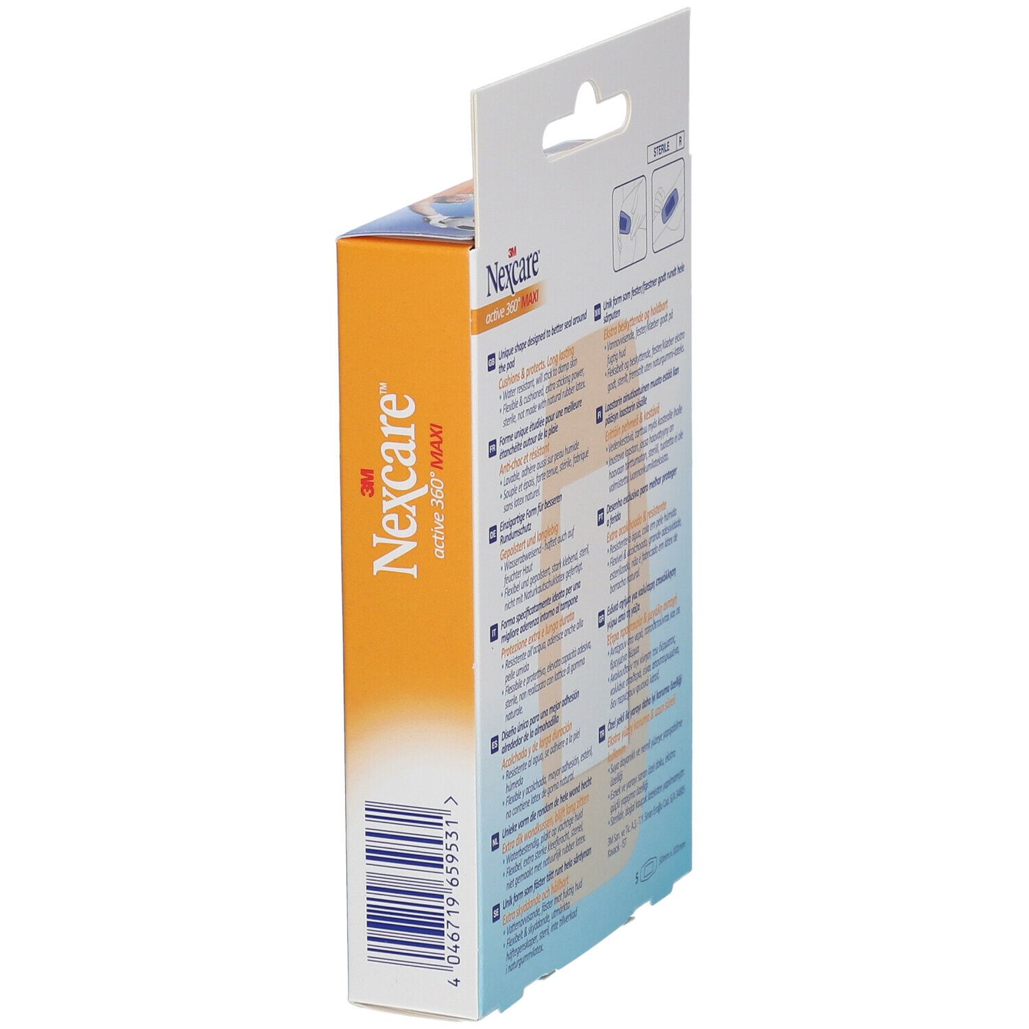 Lato della confezione 3M Nexcare Active 360° MAXI. Nome del prodotto e codice a barre.