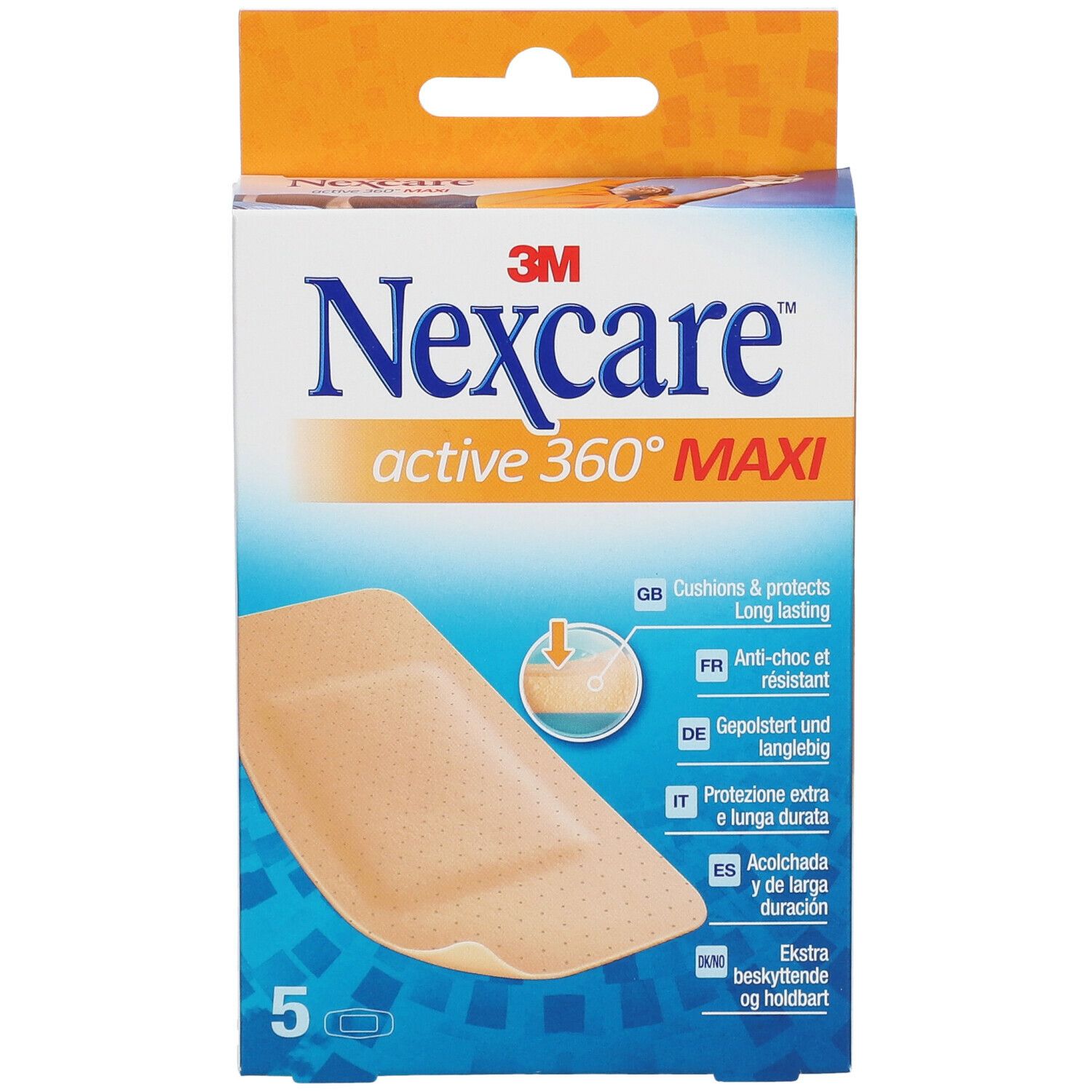 Confezione da 5 cerotti. Marca: 3M Nexcare Active 360° MAXI. Cerotto beige con angoli arrotondati.