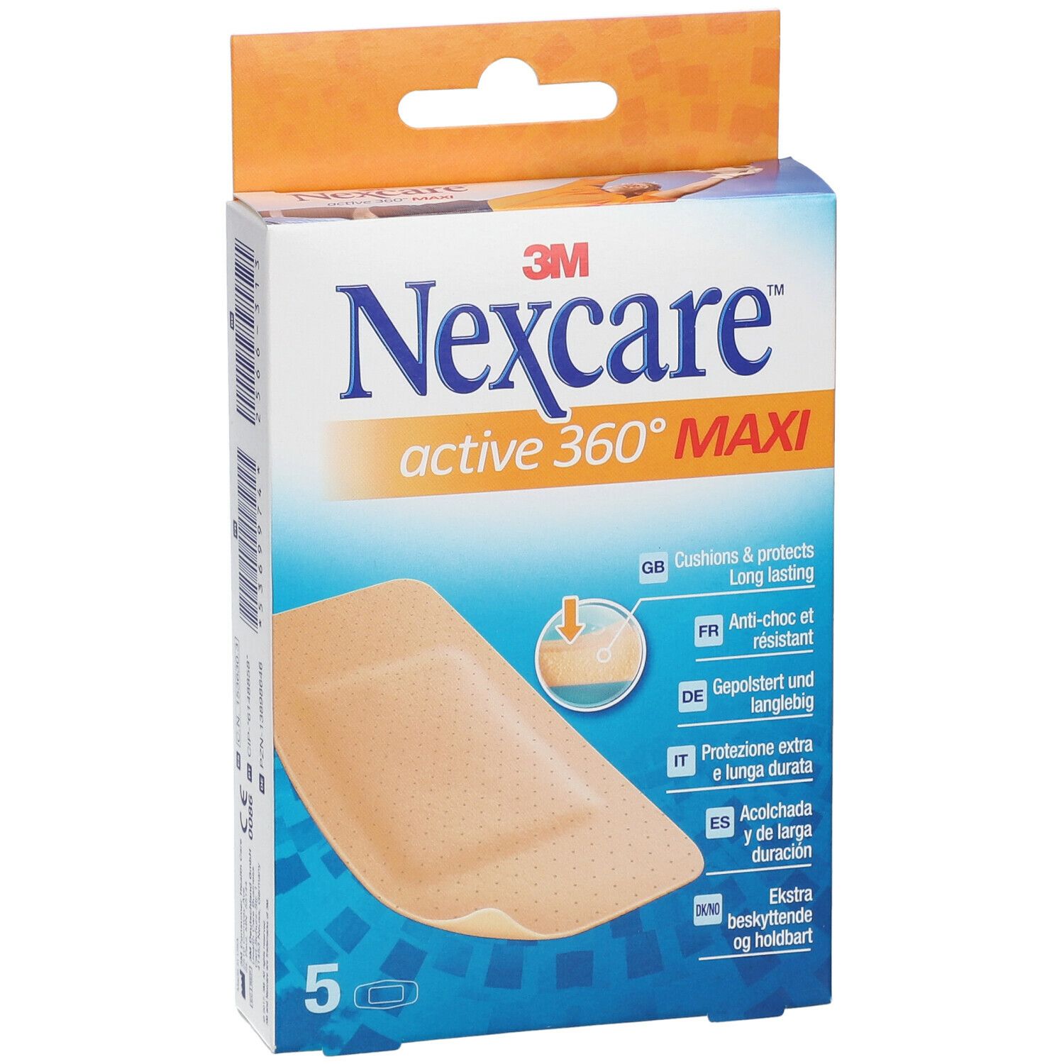 Confezione da 5 cerotti. Marca: 3M Nexcare Active 360° MAXI. Cerotto beige con angoli arrotondati.