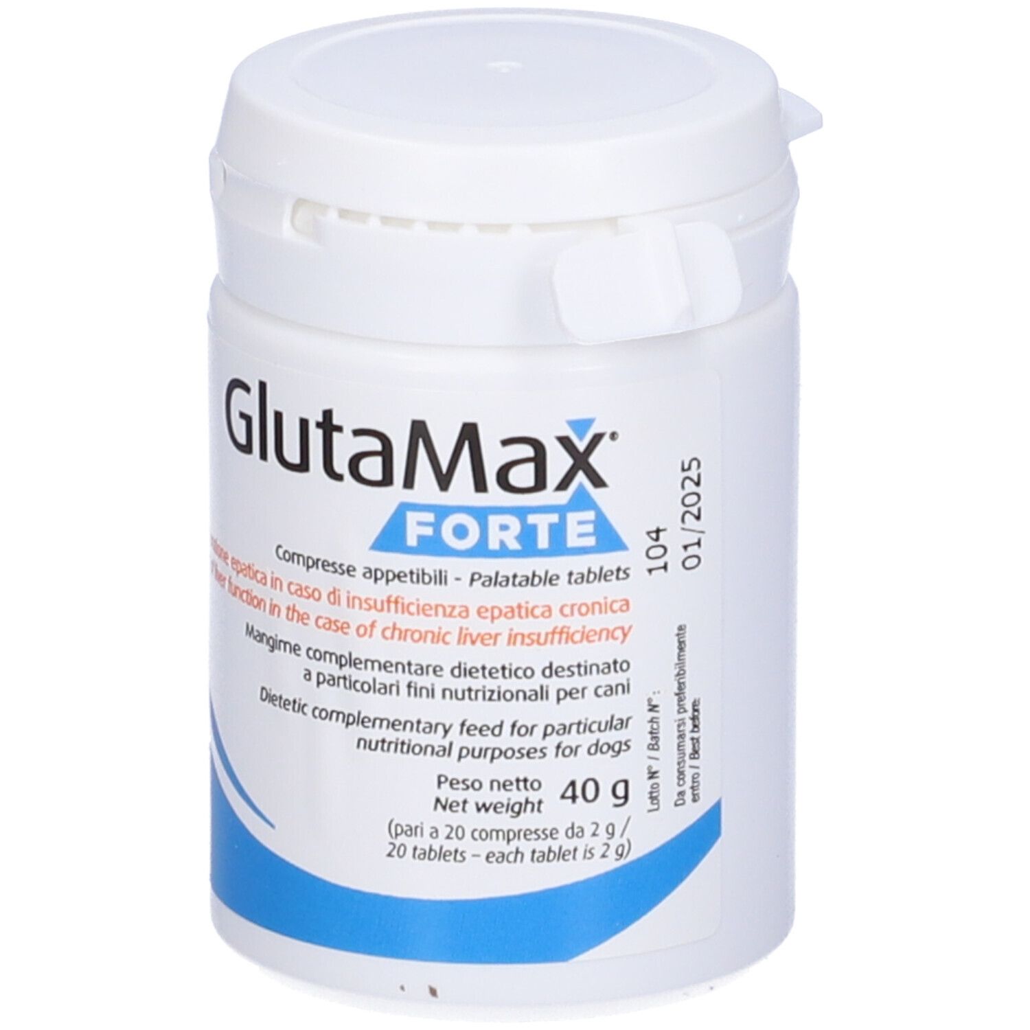 Flacone di compresse bianco. Scritta Glutamax Forte. Contiene 20 compresse. Data di scadenza.