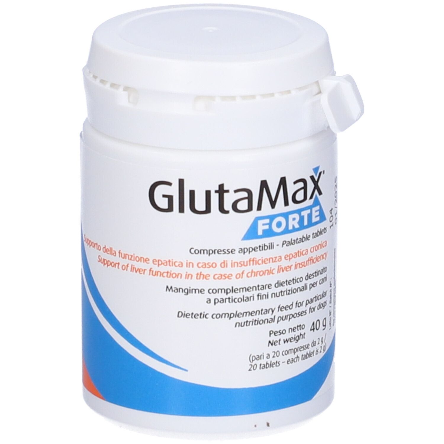 Flacone di compresse bianco. Scritta Glutamax Forte. Contiene 20 compresse. Data di scadenza.