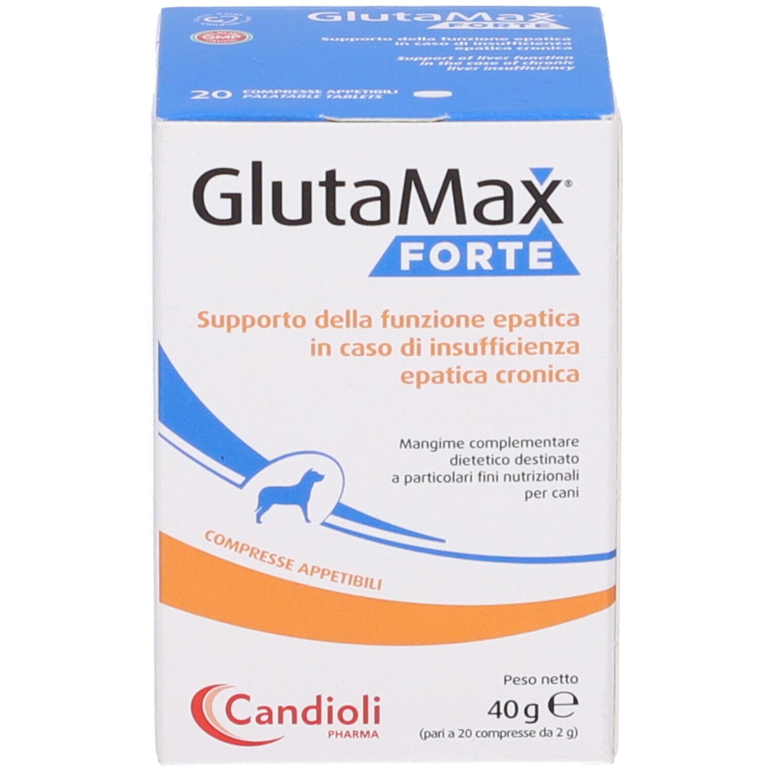 Scatola con scritta del prodotto. Marchio Glutamax Forte. Contiene 20 compresse. Logo Candoli Pharma.