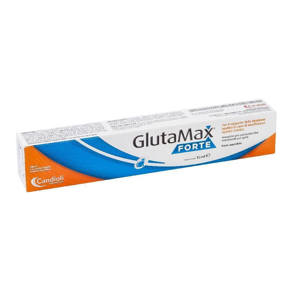 Confezione in cartone Glutamax Forte. Design arancione e blu. Marchio Candioli. Contenuto 15 ml.