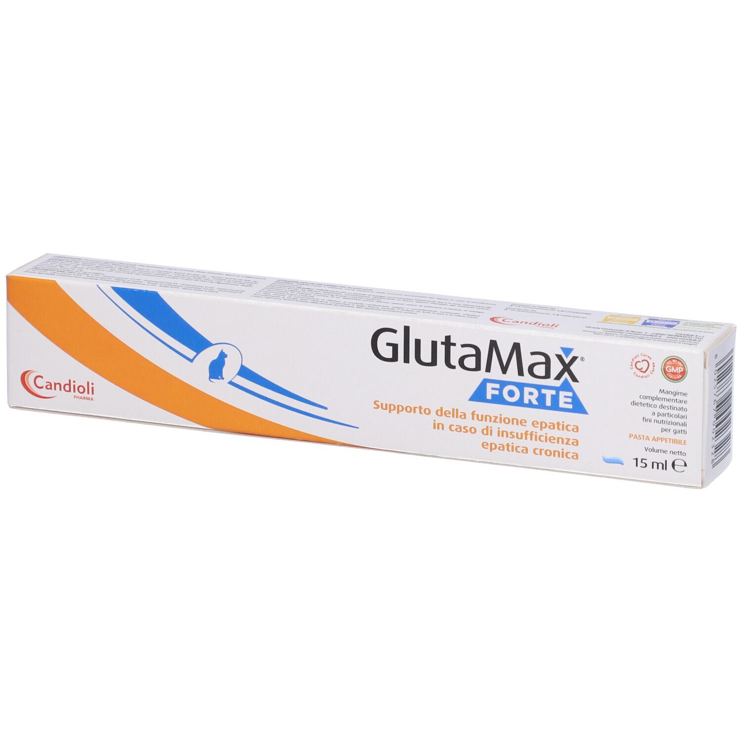 Confezione in cartone Glutamax Forte. Design blu e arancione. Marchio Candioli. Contenuto 15 ml.