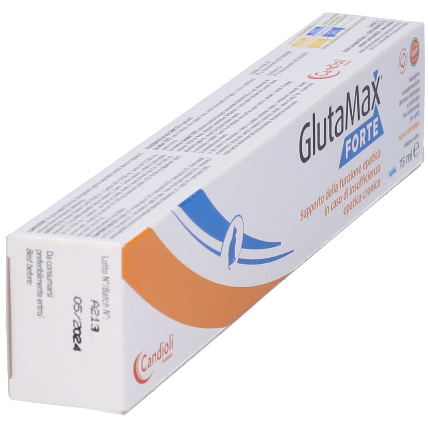 Confezione in cartone Glutamax Forte. Design blu e arancione. Marchio Candioli. Contenuto 15 ml.