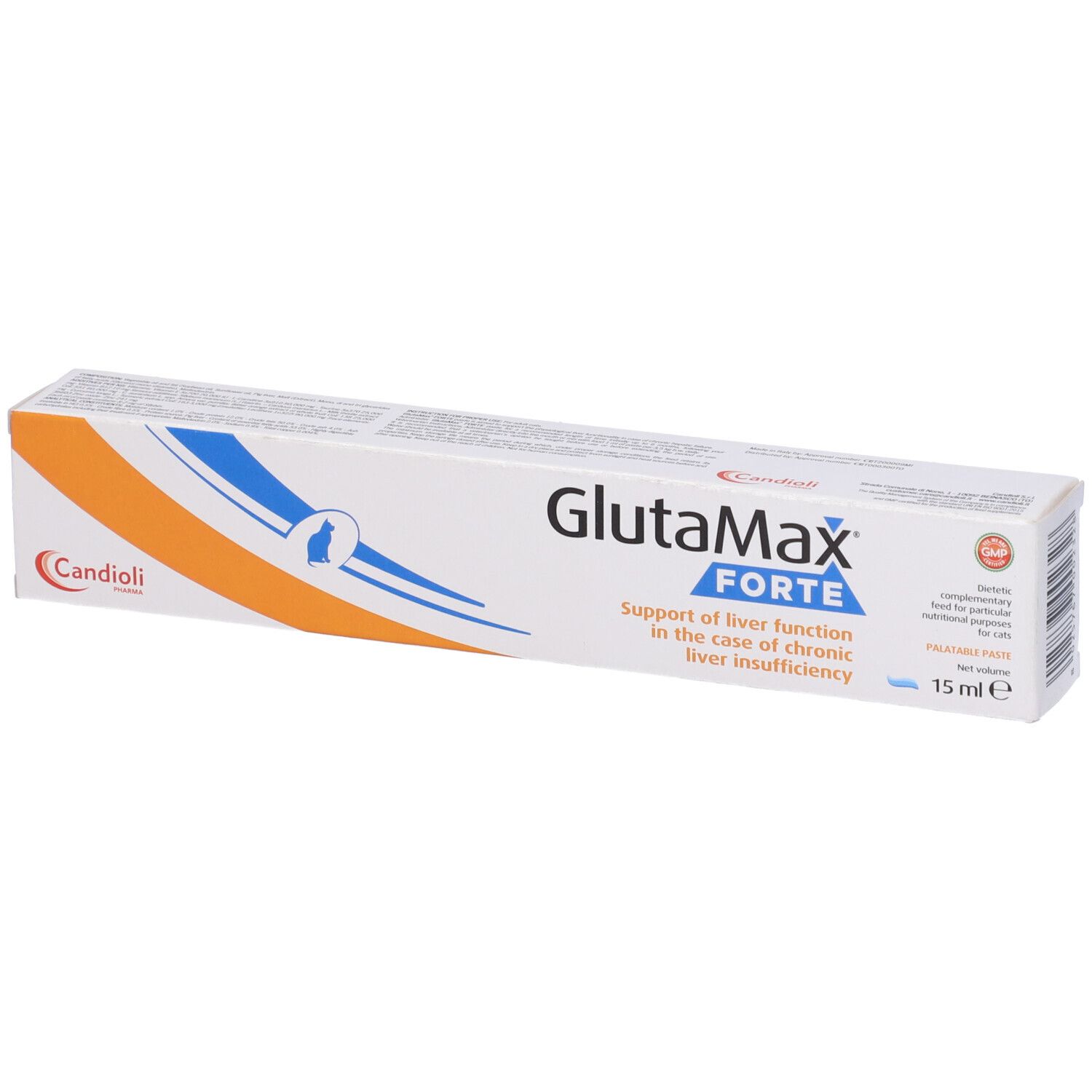 Confezione in cartone Glutamax Forte. Design blu e arancione. Marchio Candioli. Contenuto 15 ml.