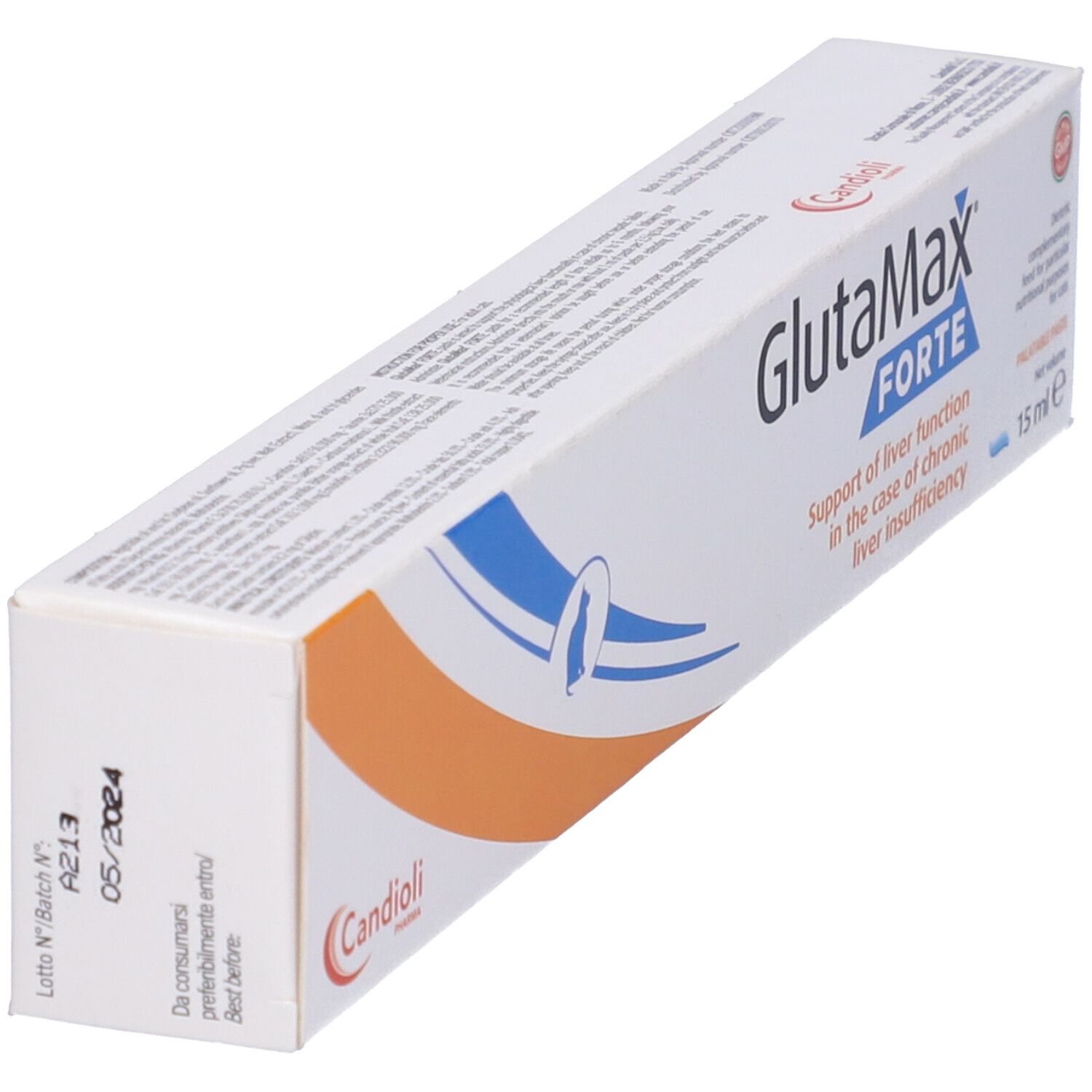 Confezione in cartone Glutamax Forte. Design blu e arancione. Marchio Candioli. Contenuto 15 ml.