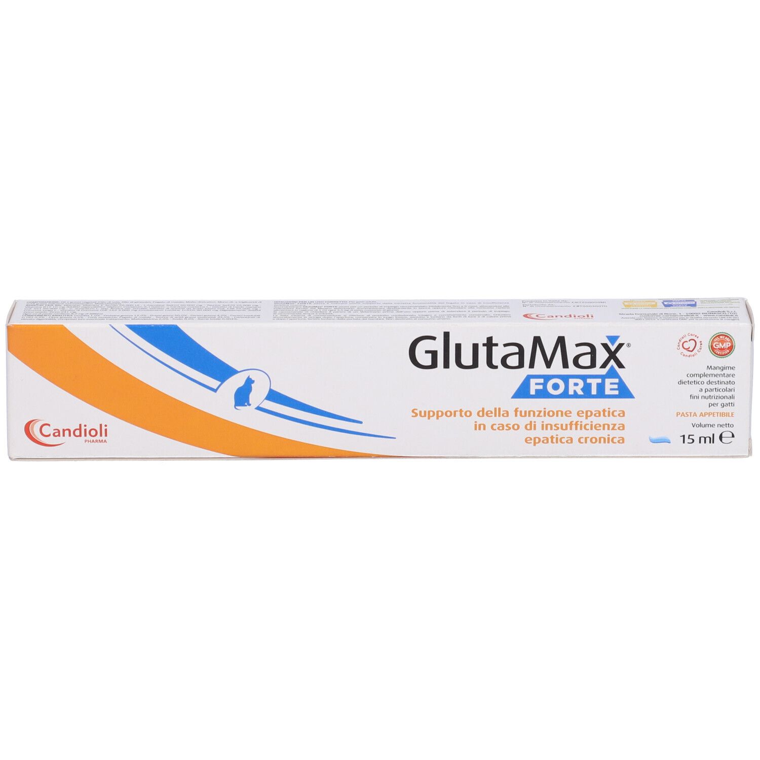 Confezione in cartone Glutamax Forte. Design blu e arancione. Marchio Candioli. Contenuto 15 ml.