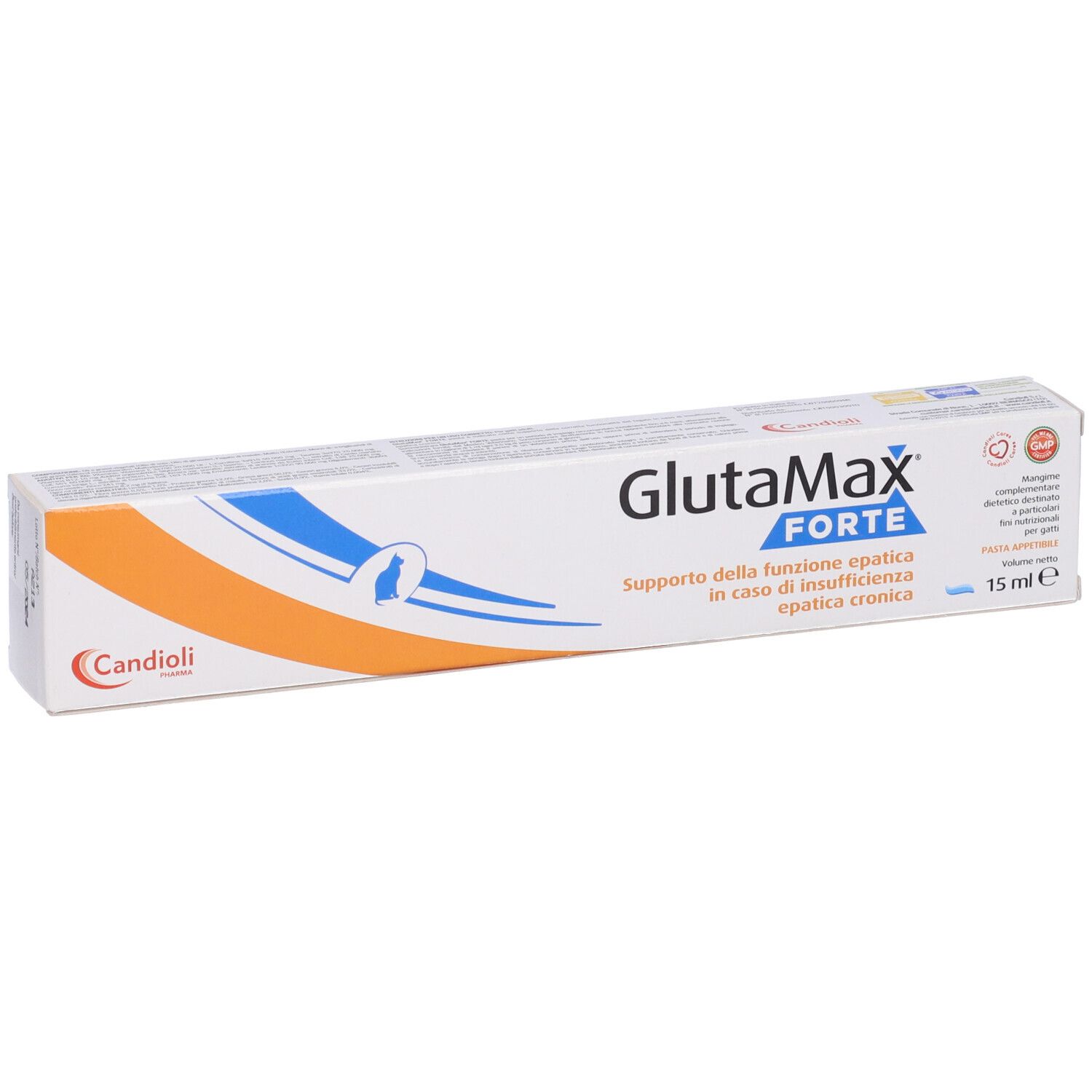Confezione in cartone Glutamax Forte. Design blu e arancione. Marchio Candioli. Contenuto 15 ml.