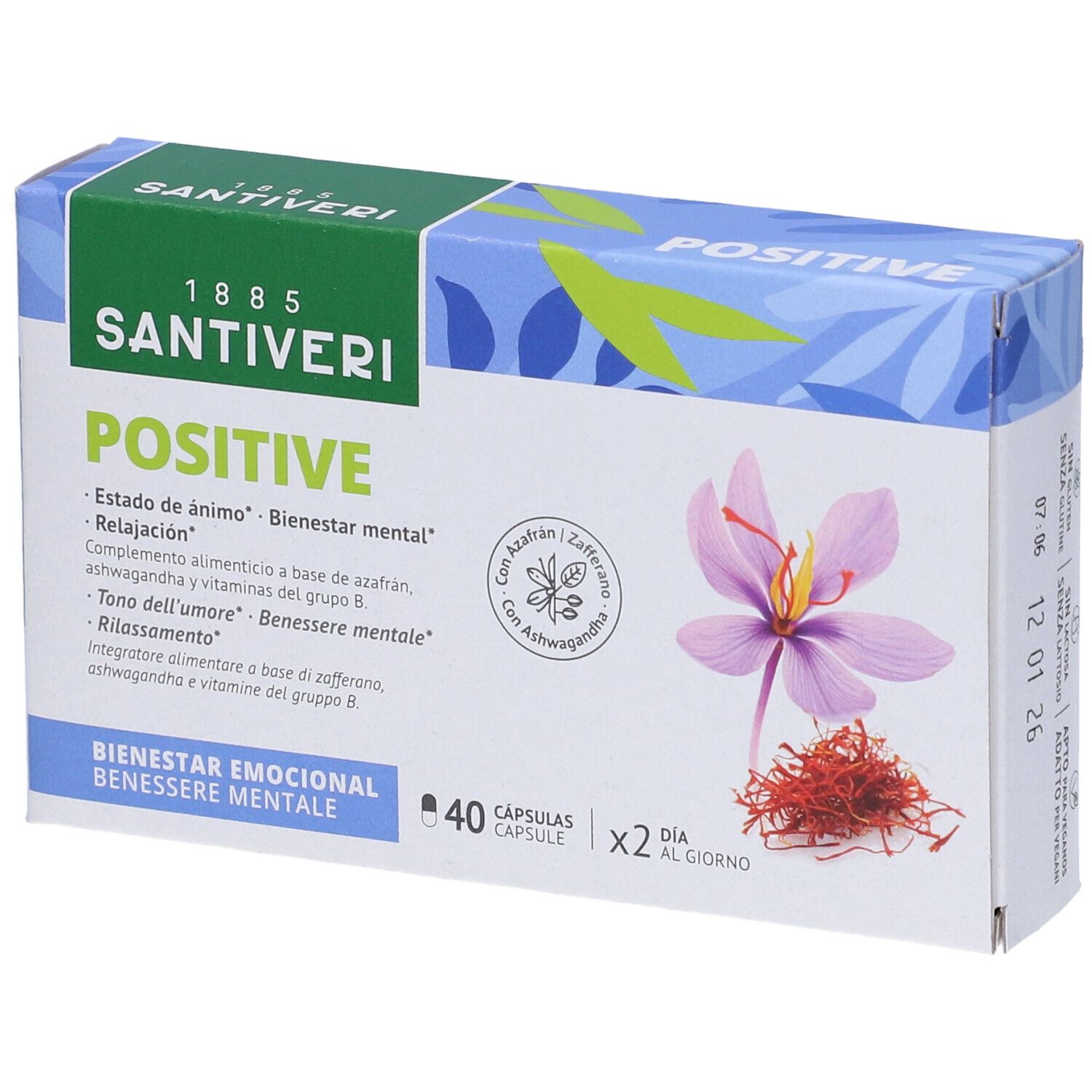 Scatola di capsule "Positive" Santiveri. 40 capsule, 2 al giorno. Con zafferano e ashwagandha. Illustrazione di fiore e zafferano.