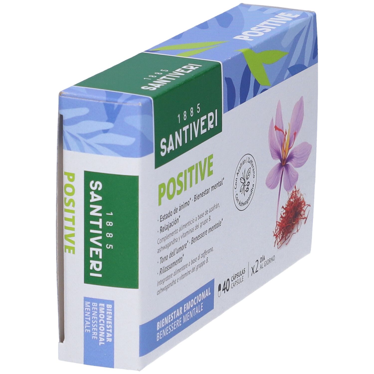 Scatola "Positive" di Santiveri. 40 capsule. Con zafferano e ashwagandha. Vista laterale. Marchio e nome del prodotto visibili.
