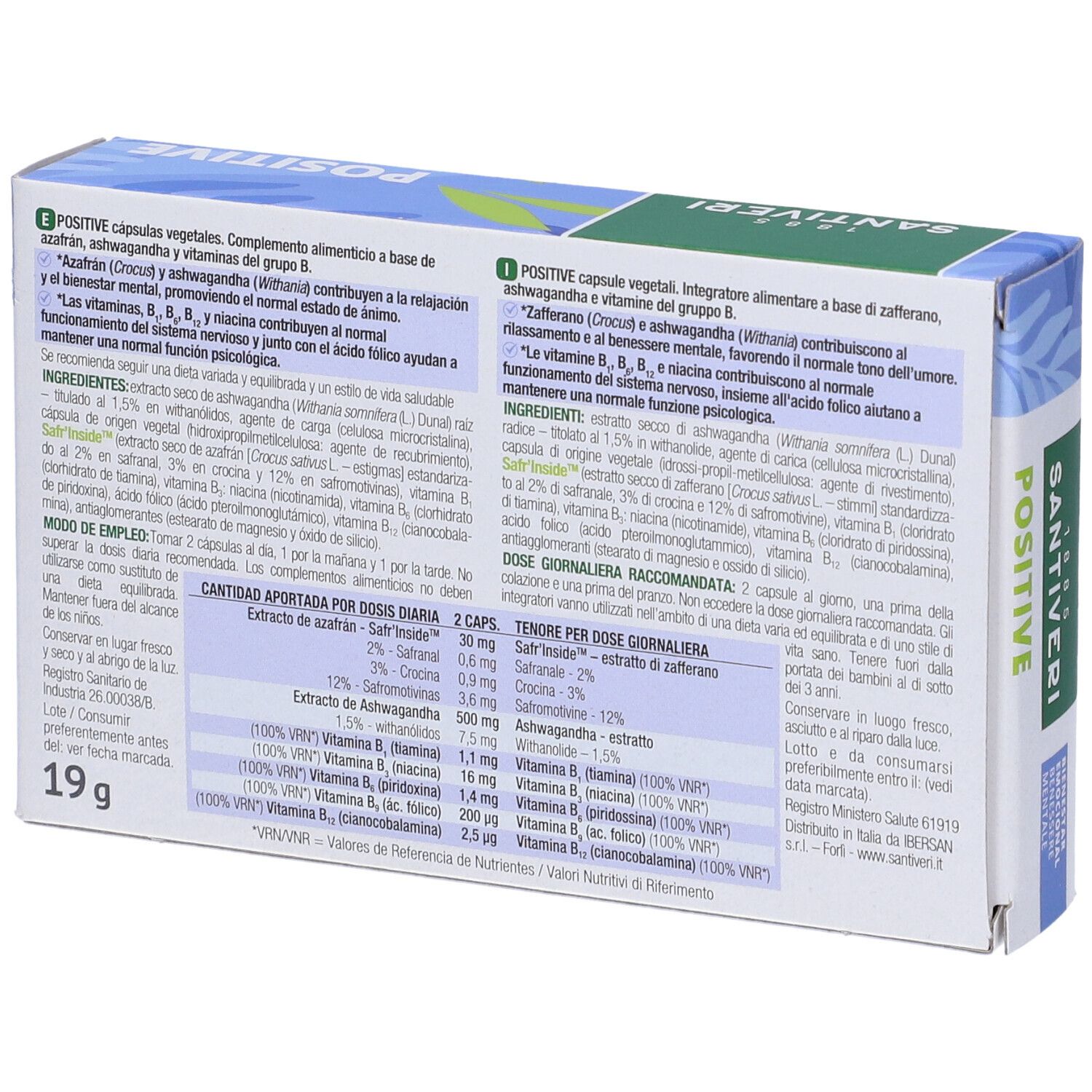 Retro della confezione di capsule "Positive". Elenco ingredienti, dosaggio e informazioni nutrizionali. Marchio Santiveri. 19g.