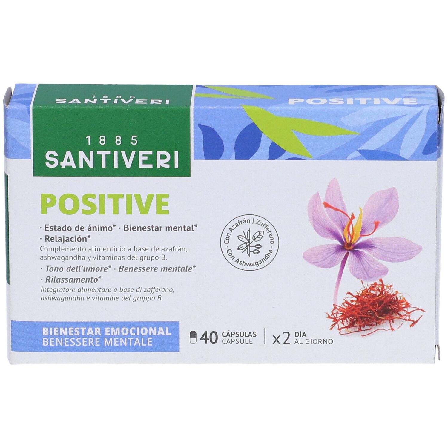 Scatola di capsule "Positive" Santiveri. 40 capsule, 2 al giorno. Con zafferano e ashwagandha. Illustrazione di fiore e zafferano.