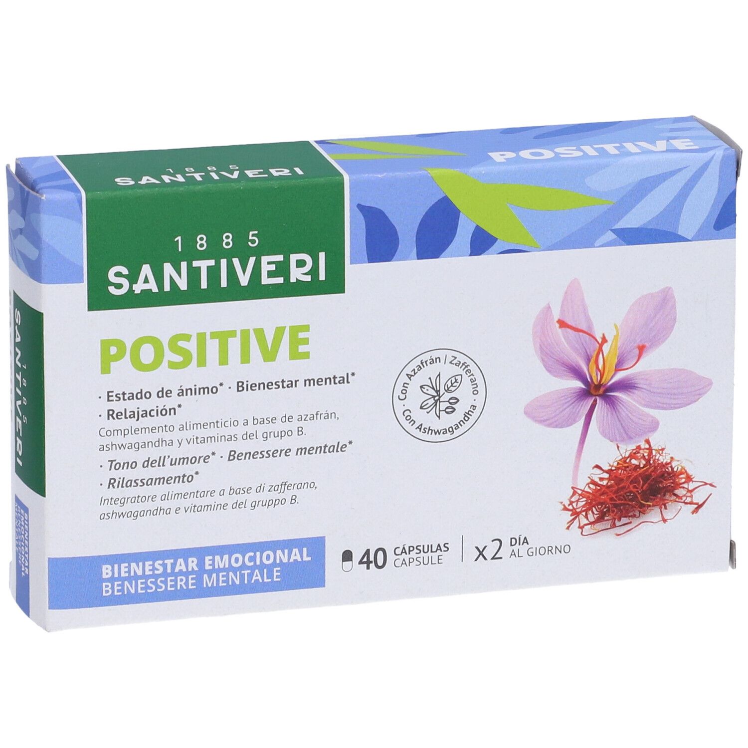 Scatola di capsule "Positive" Santiveri. 40 capsule, 2 al giorno. Con zafferano e ashwagandha. Illustrazione di fiore e zafferano.