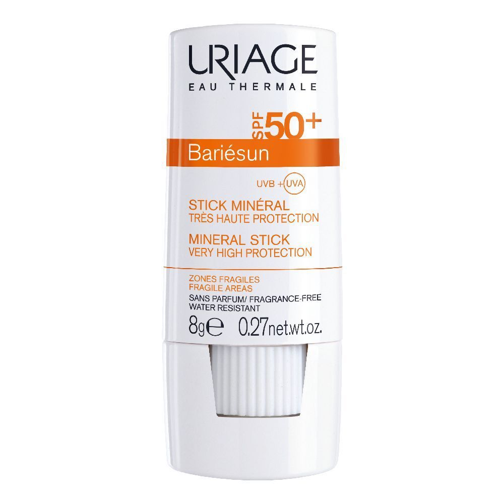 Stick Uriage Bariésun SPF50+ blanc avec texte orange. Contient: Stick minéral, SPF50+, 8g.