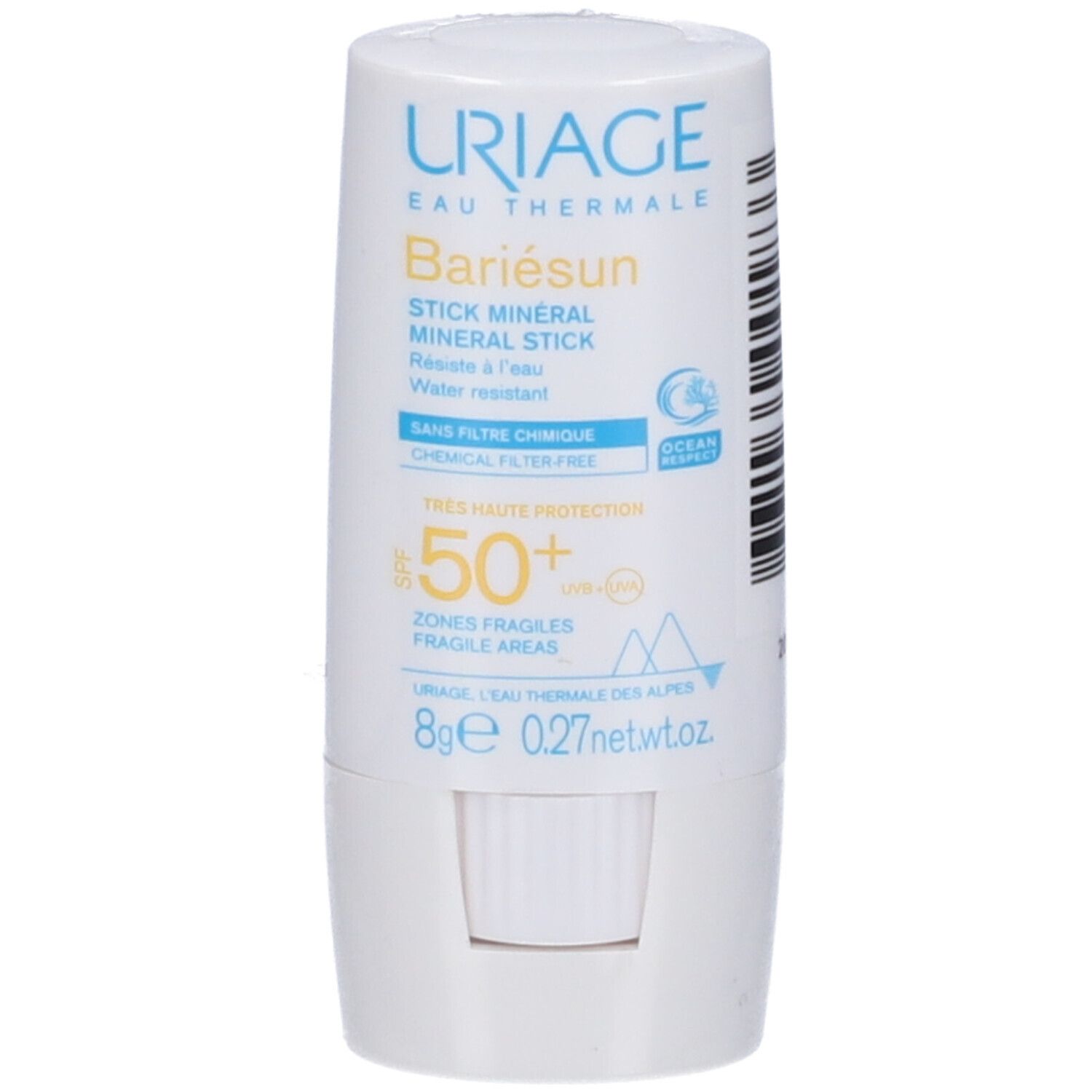 Stick Uriage Bariésun SPF50+ blanc avec texte bleu. Contient: Stick minéral, SPF50+, 8g.