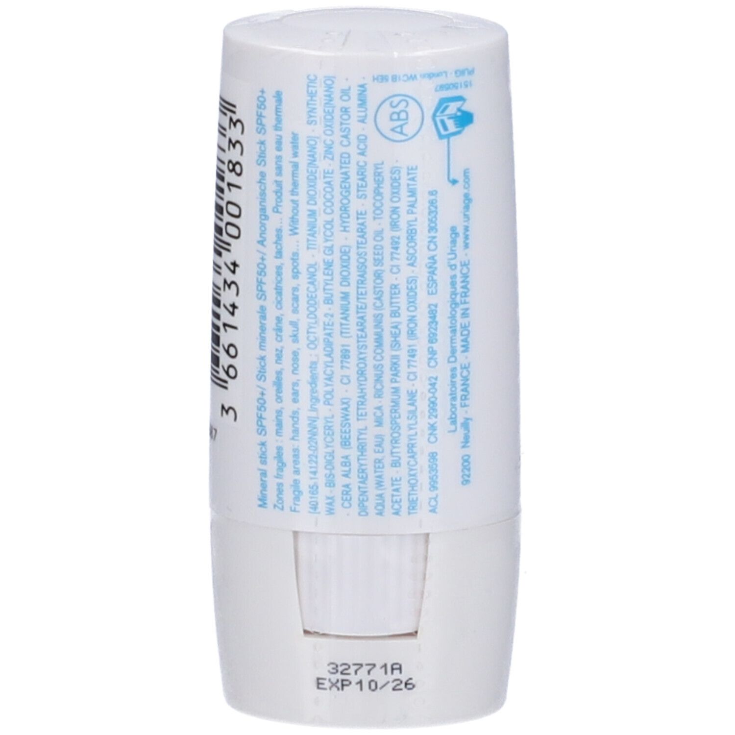 Stick Uriage Bariésun SPF50+ blanc avec texte et code-barres. Contient: Ingrédients, date d'expiration, 8g.
