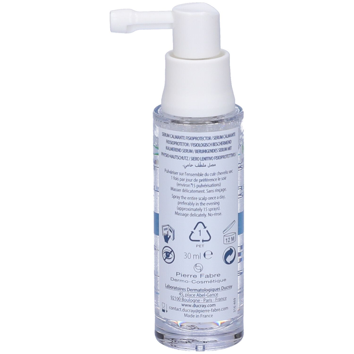 Rückseite der Flasche. Text in mehreren Sprachen. Angaben zu Inhaltsstoffen und Anwendung. 30 ml.
