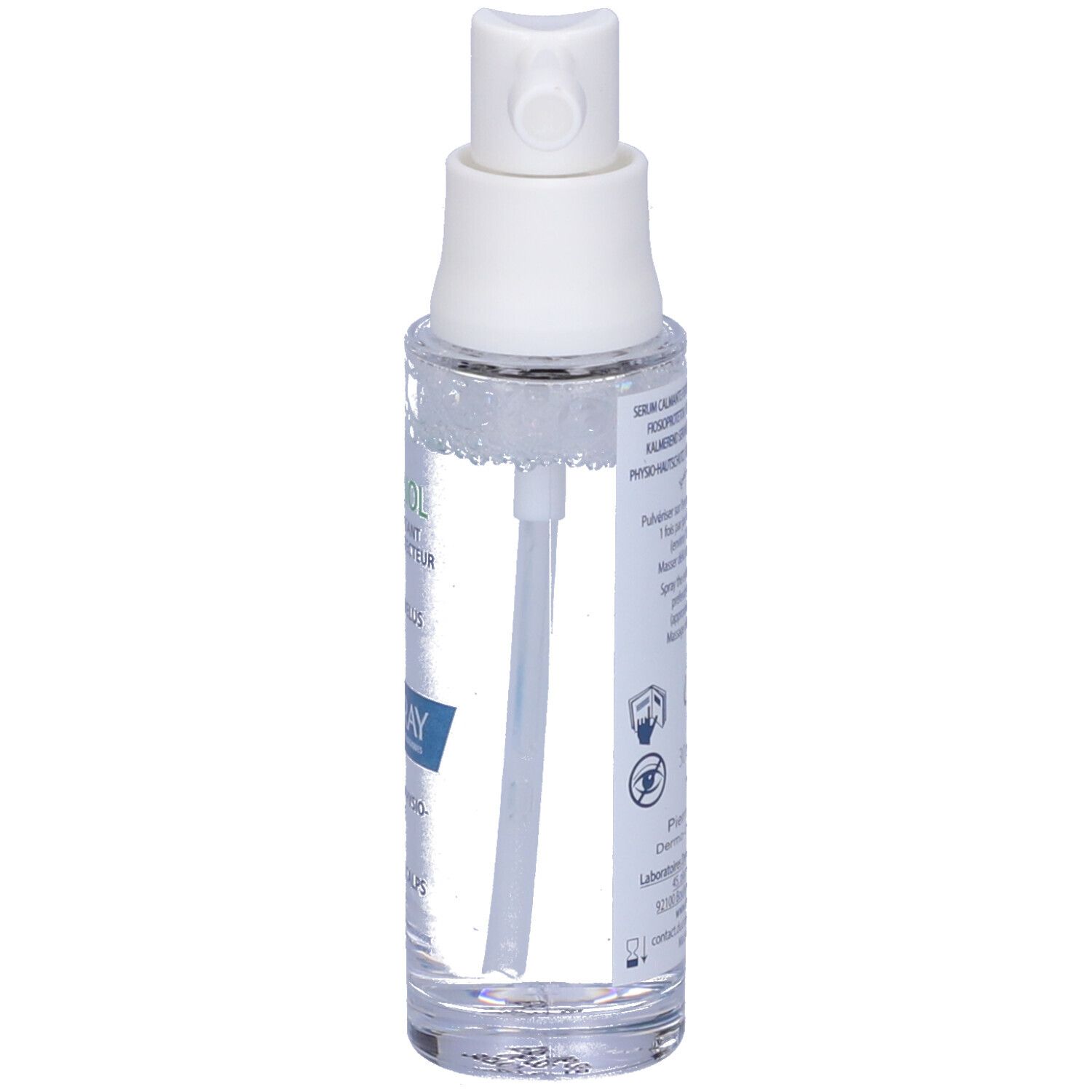 Rückseite der Flasche. Text in mehreren Sprachen. Angaben zu Inhaltsstoffen und Anwendung. 30 ml.