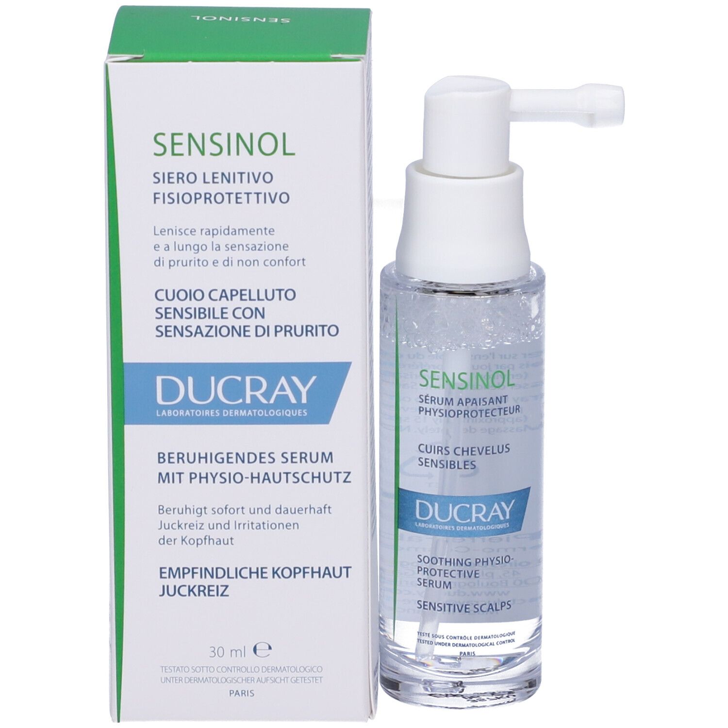 Weiße Schachtel und Flasche mit Sprühkopf. Aufschrift Sensinol, Ducray. Für empfindliche Kopfhaut. 30 ml.