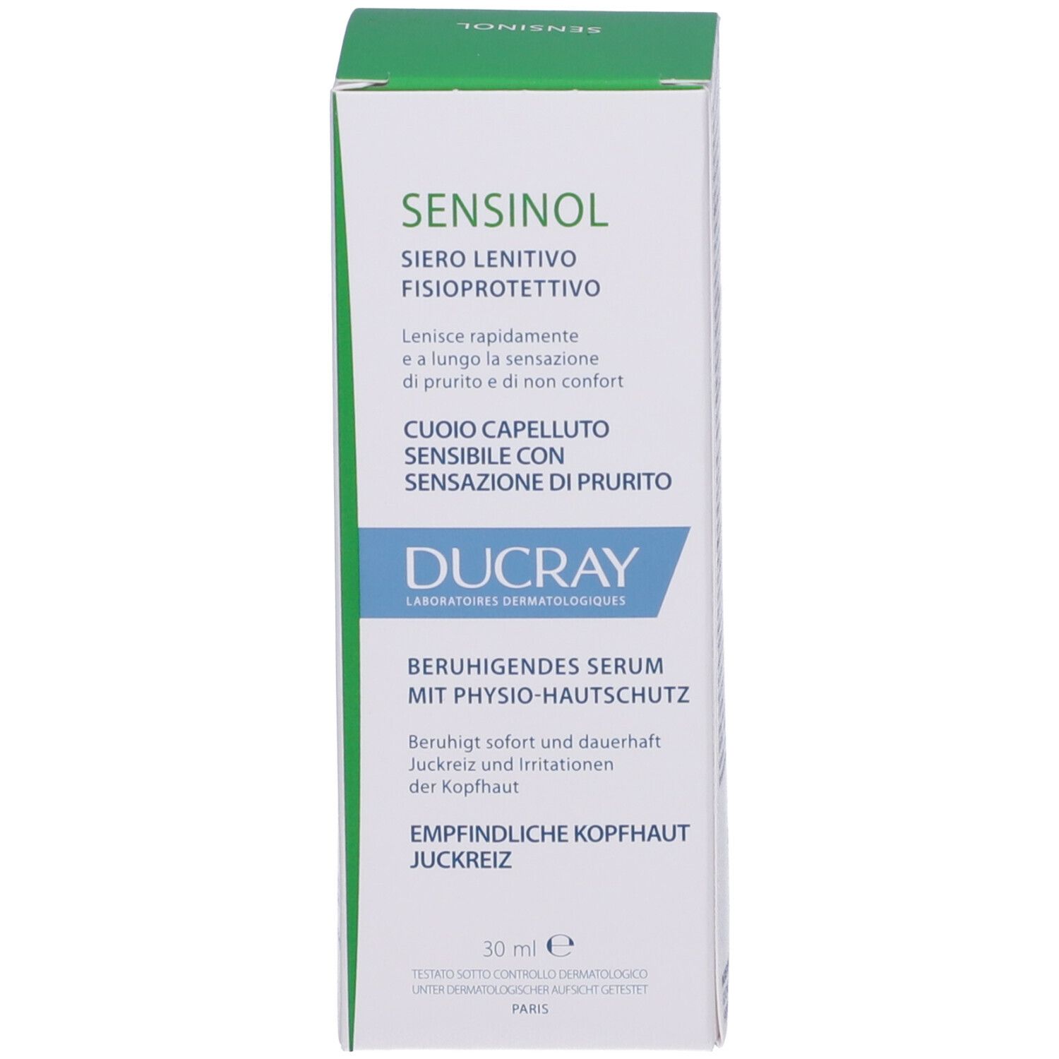 Weiße Schachtel mit grünem Deckel. Aufschrift Sensinol, Ducray. Für empfindliche Kopfhaut. 30 ml.