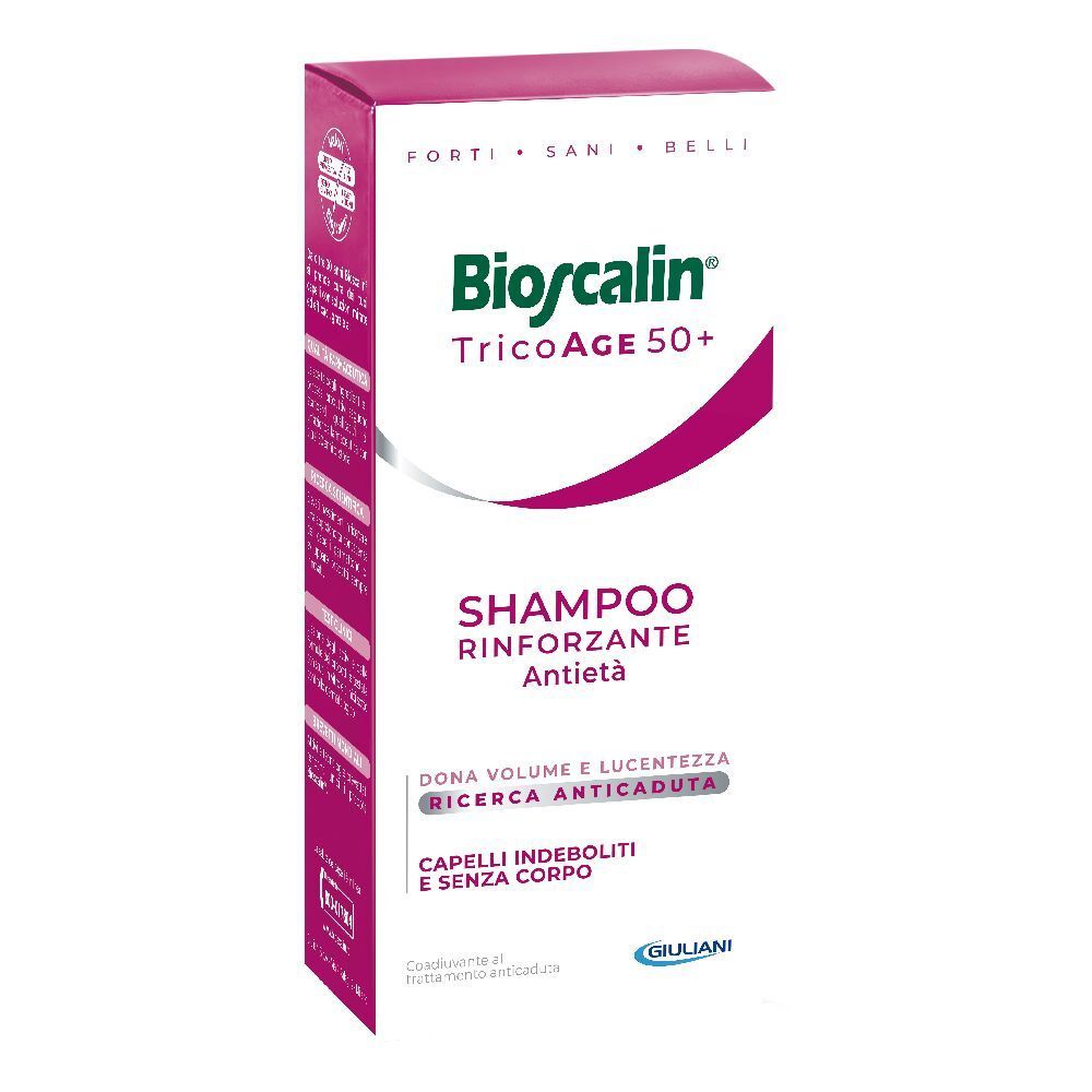 Bioscalin TricoAge 50+ Shampoo. Confezione rosa e bianca. Testo: Shampoo, Rinforzante, Antieta.