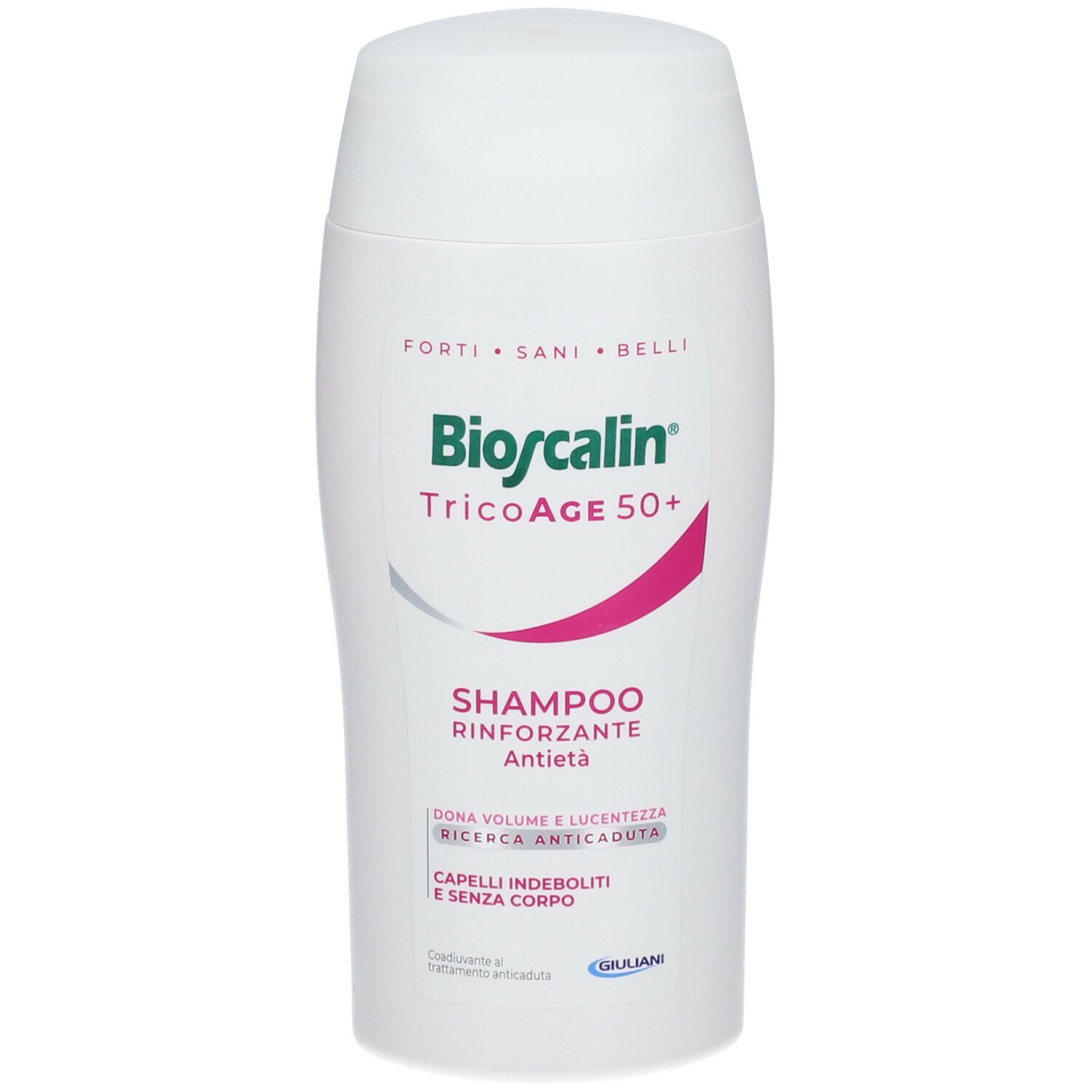 Bioscalin TricoAge 50+ Shampoo. Flacone bianco con dettagli rosa. Testo: Shampoo, Rinforzante, Antieta.
