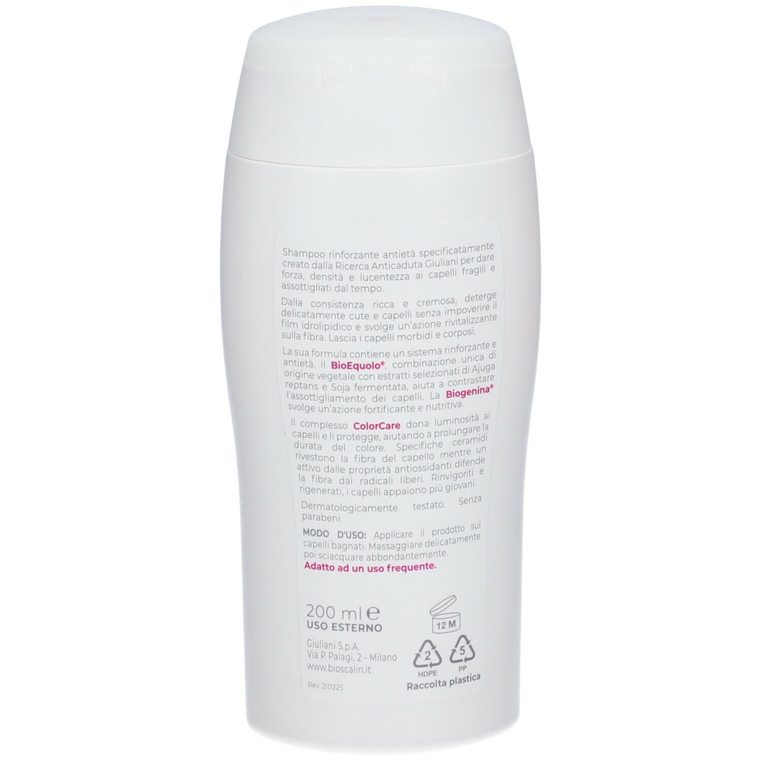 Retro del flacone shampoo. Testo: 200 ml, Uso Esterno, 12M. Simboli di riciclaggio.