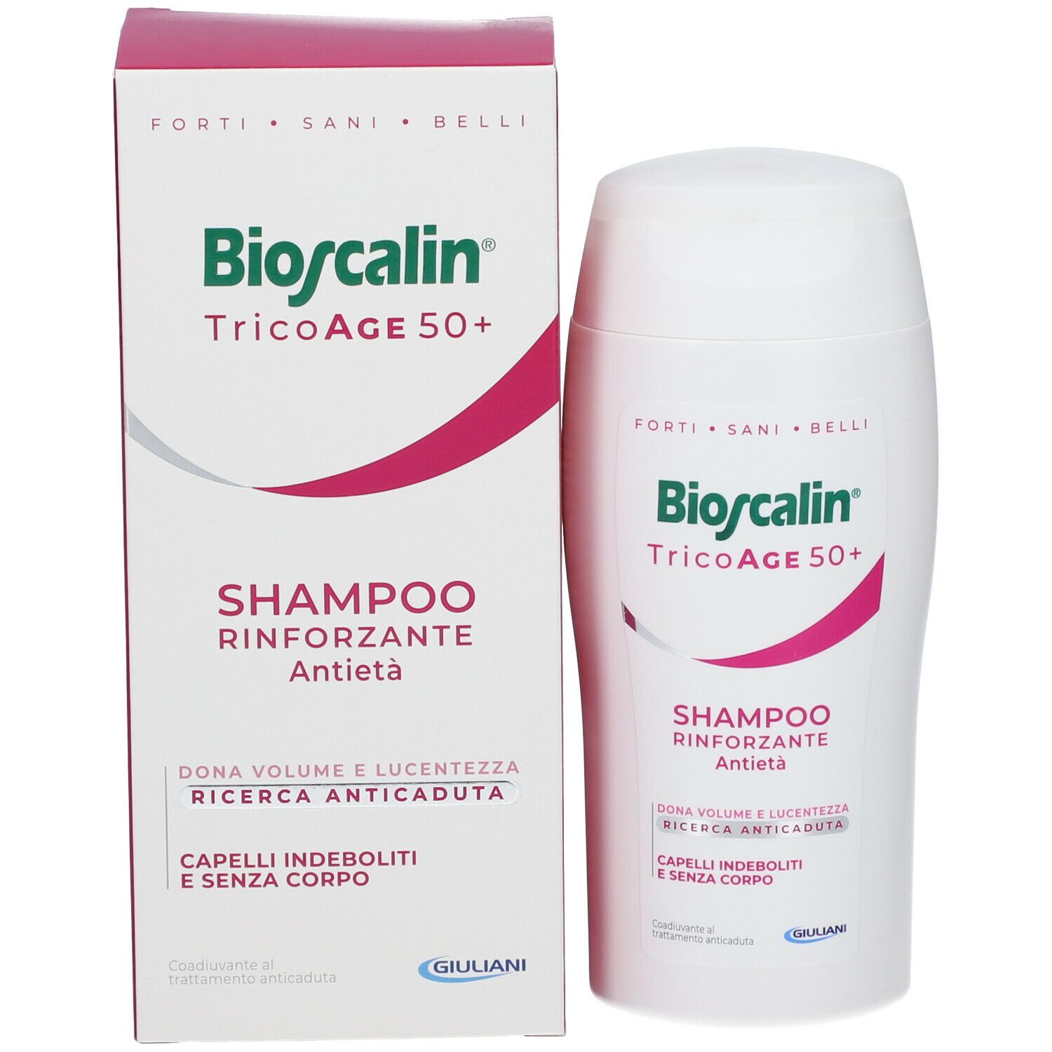 Bioscalin TricoAge 50+ Shampoo e confezione. Testo: Shampoo, Rinforzante, Antieta.